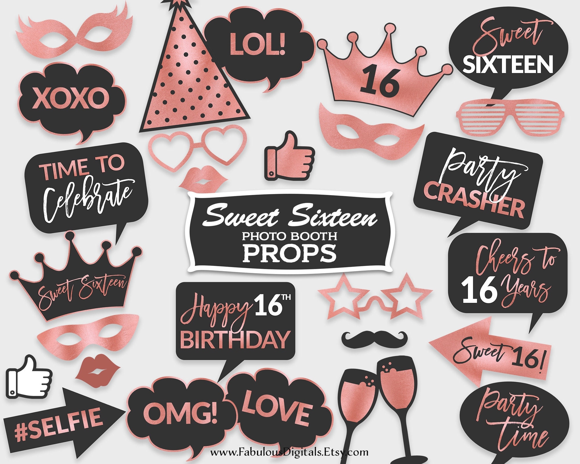 16th Birthday Photo Booth Props Sweet Sixteen Party Props Black Rose Foil Printable PDF Instant Download RFC Etsy