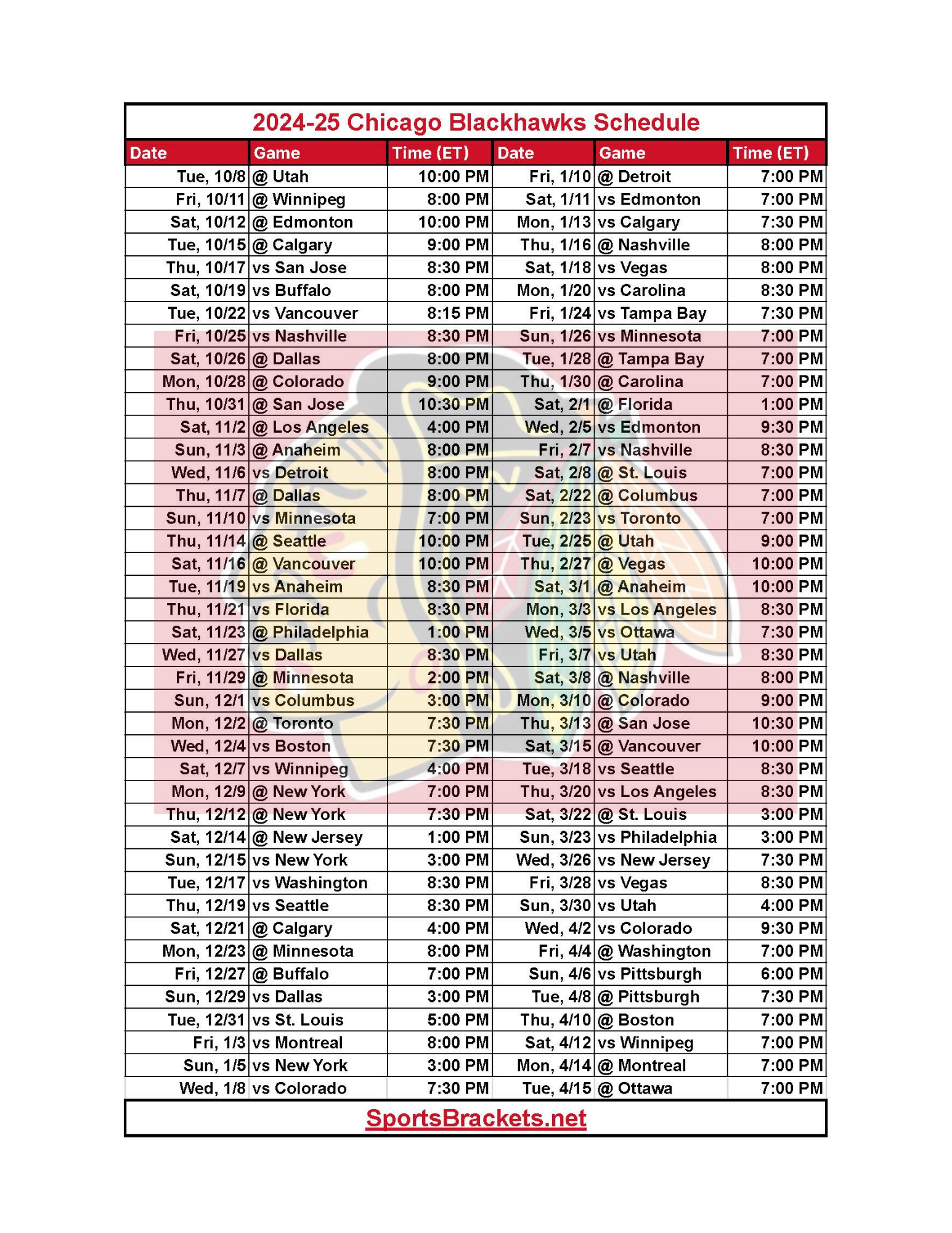 2024 25 Chicago Blackhawks Schedule Printable PDF Format Sports Brackets