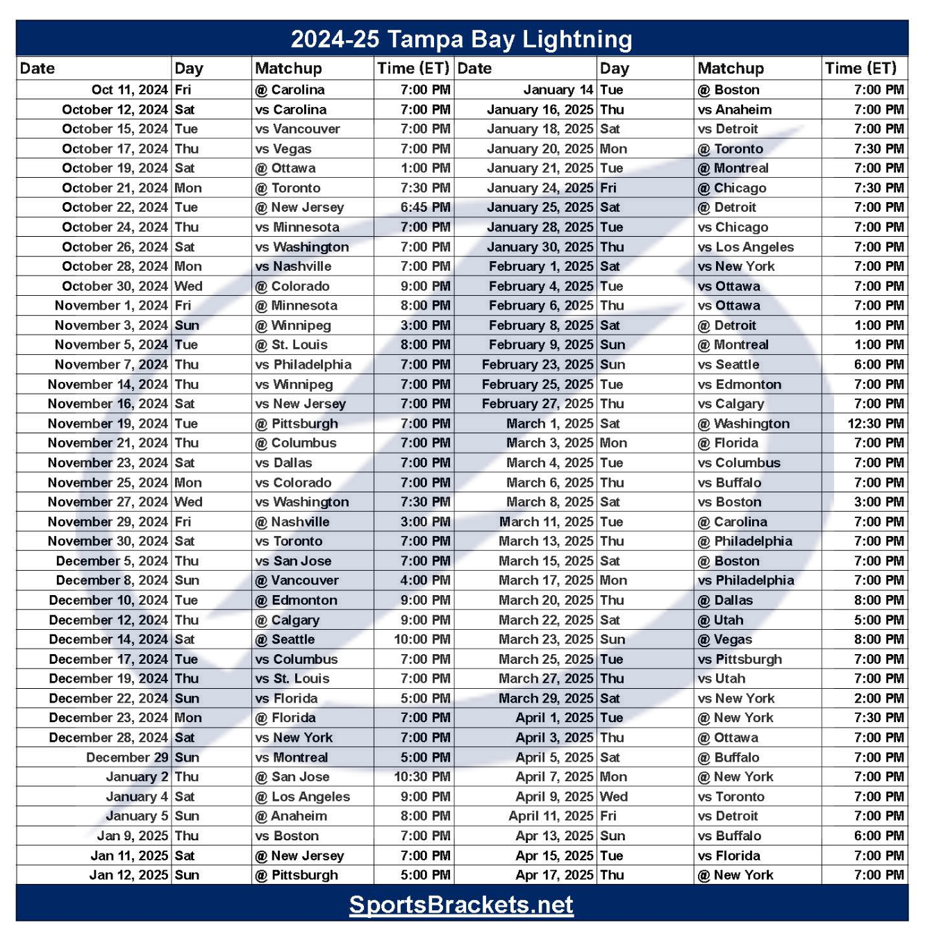2024 25 Tampa Bay Lightning Schedule Printable PDF Format Sports Brackets