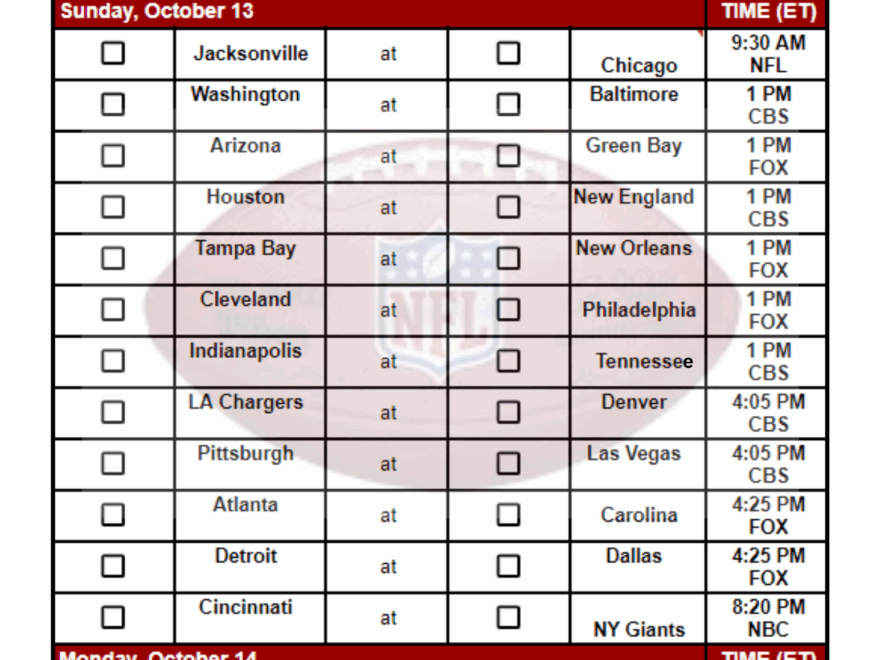 2024 NFL Pick Em Sheet Week 6 Printable PDF Format Sports Brackets