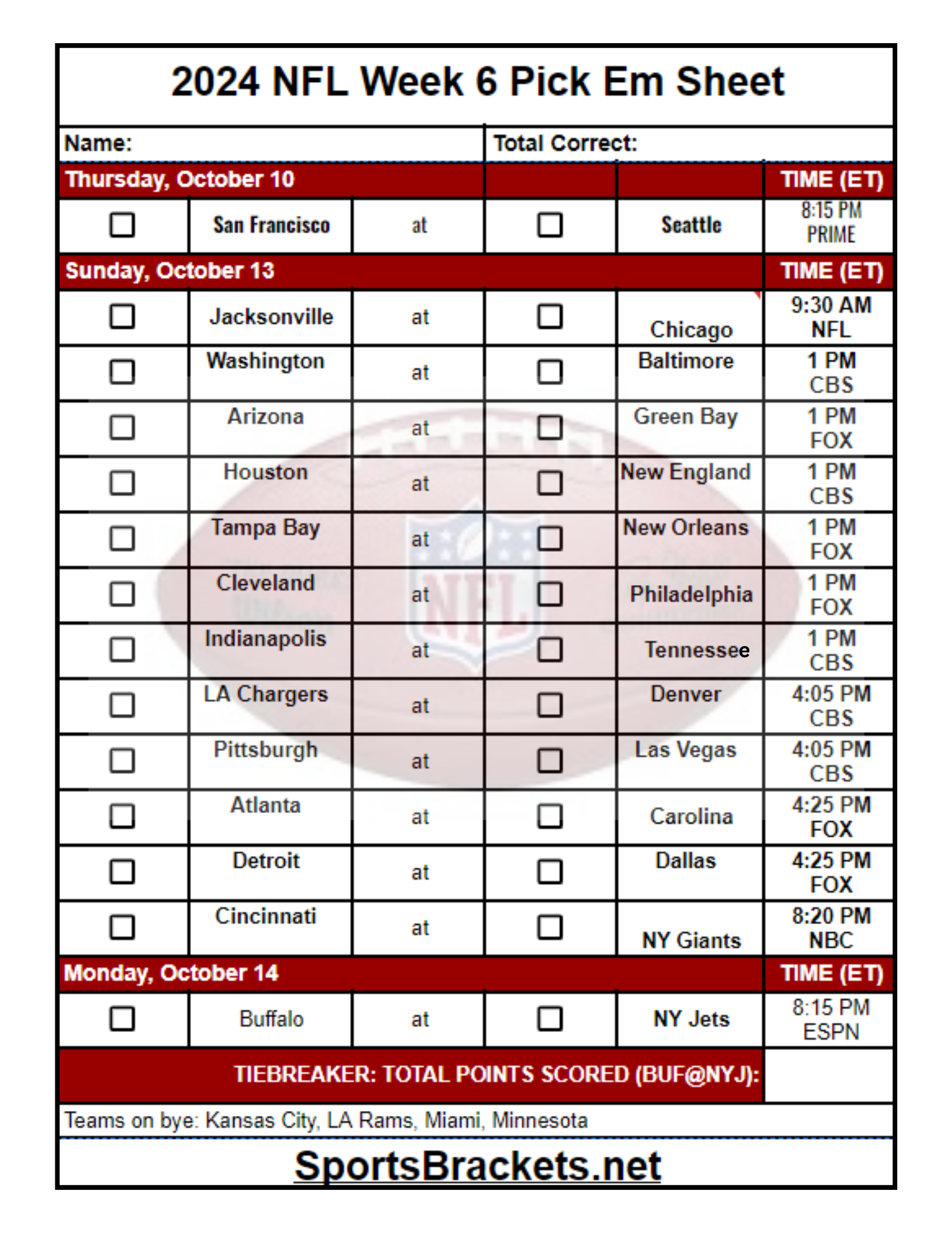 2024 NFL Pick Em Sheet Week 6 Printable PDF Format Sports Brackets