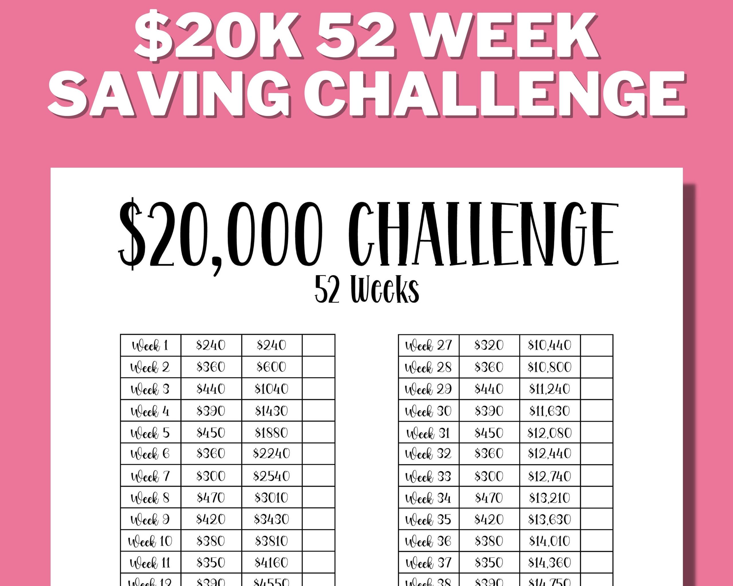 20K 52 Week Saving Challenge Printable 20000 In 1 Year House Savings 20K Savings Challenge Savings Goal US Letter Instant Download Etsy