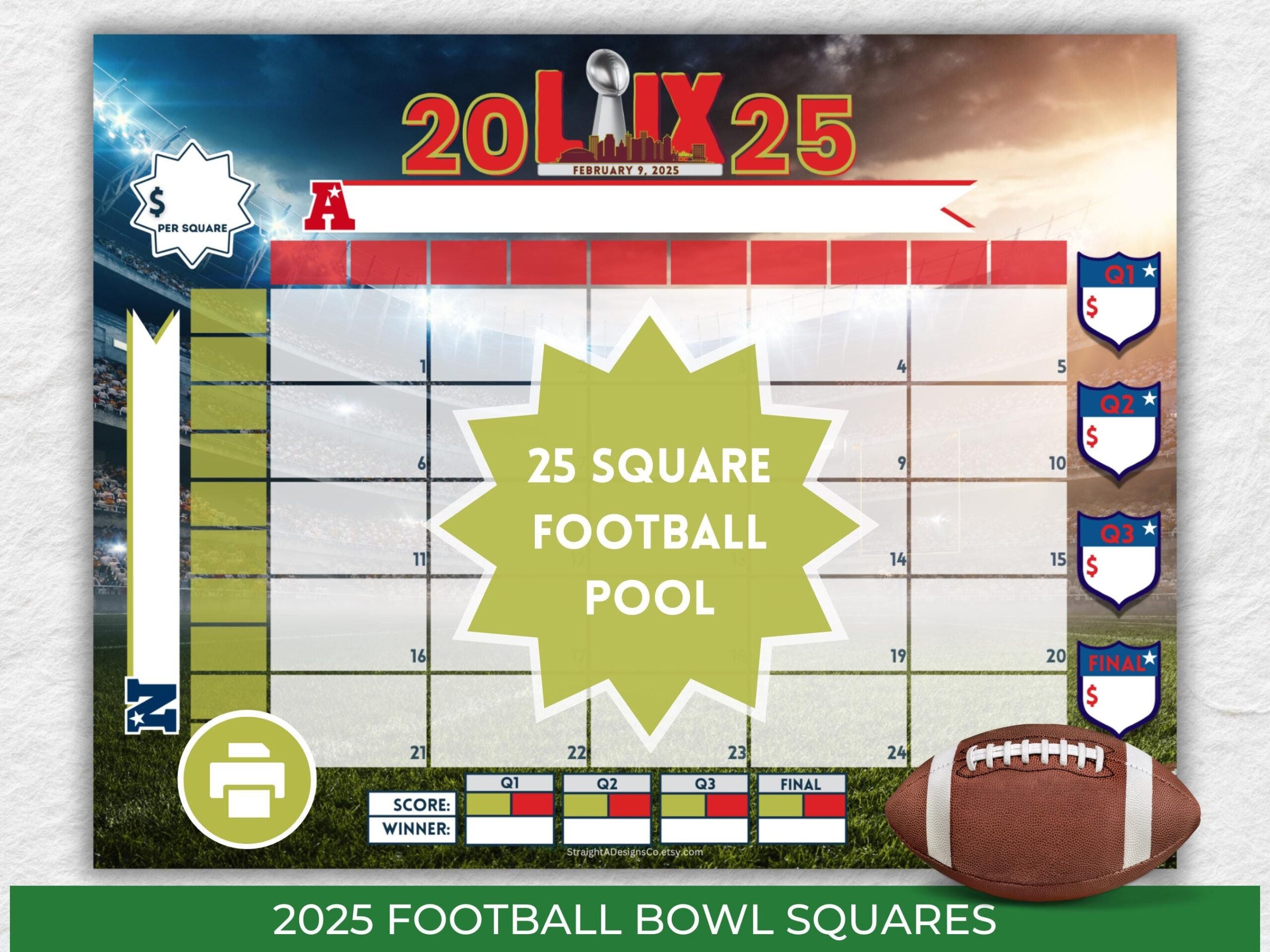25 Super Football Bowl Squares 2025 Football Pool Printable Instant Digital Download Team Fundraiser Pool 25 Square Grid 59 LIX New Orleans Etsy New Zealand