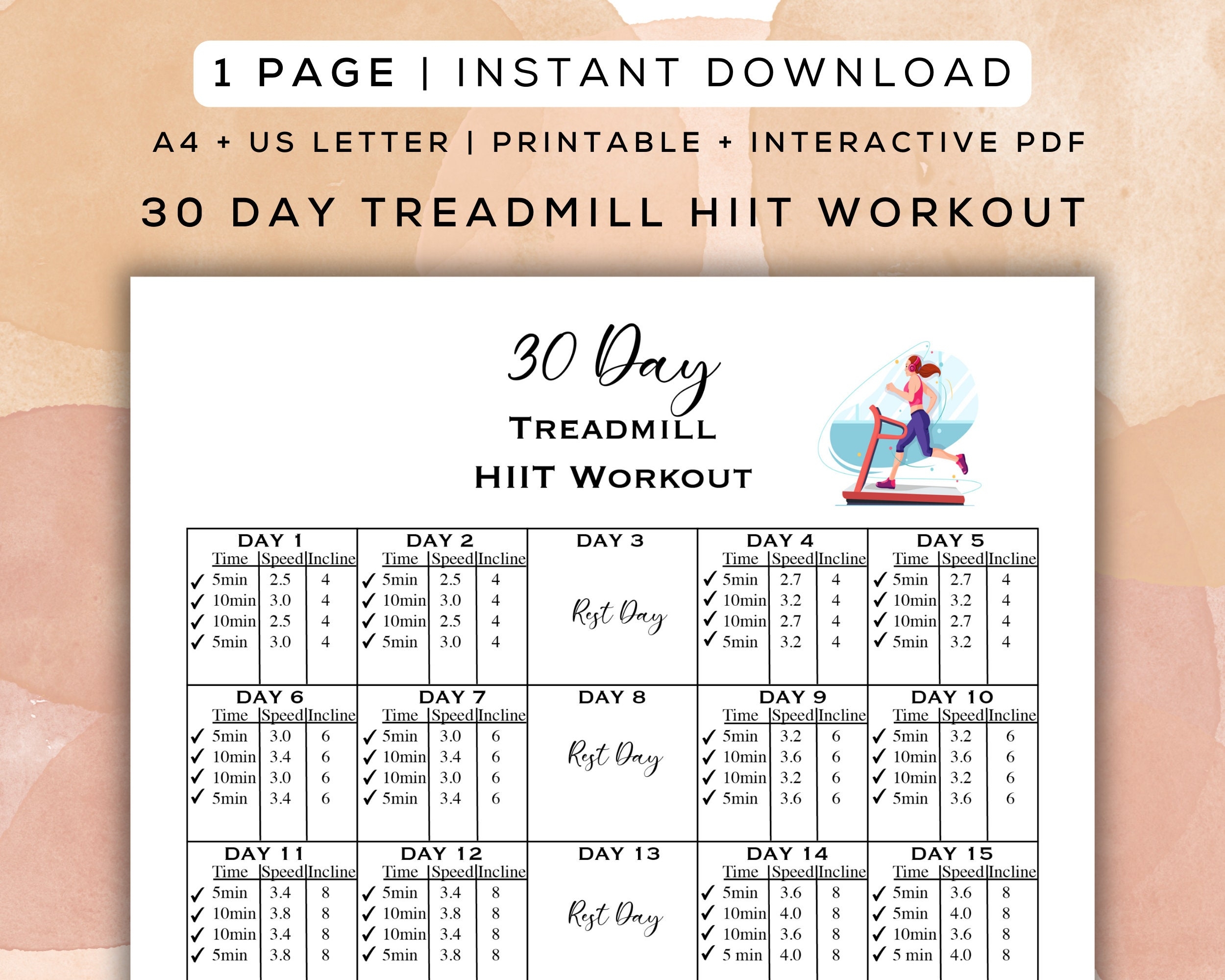 30 Day Treadmill HIIT Workout Plan Printable Interactive PDF Digital Gym Guide Easy To Follow Beginner Friendly Cardio A4 Letter Etsy