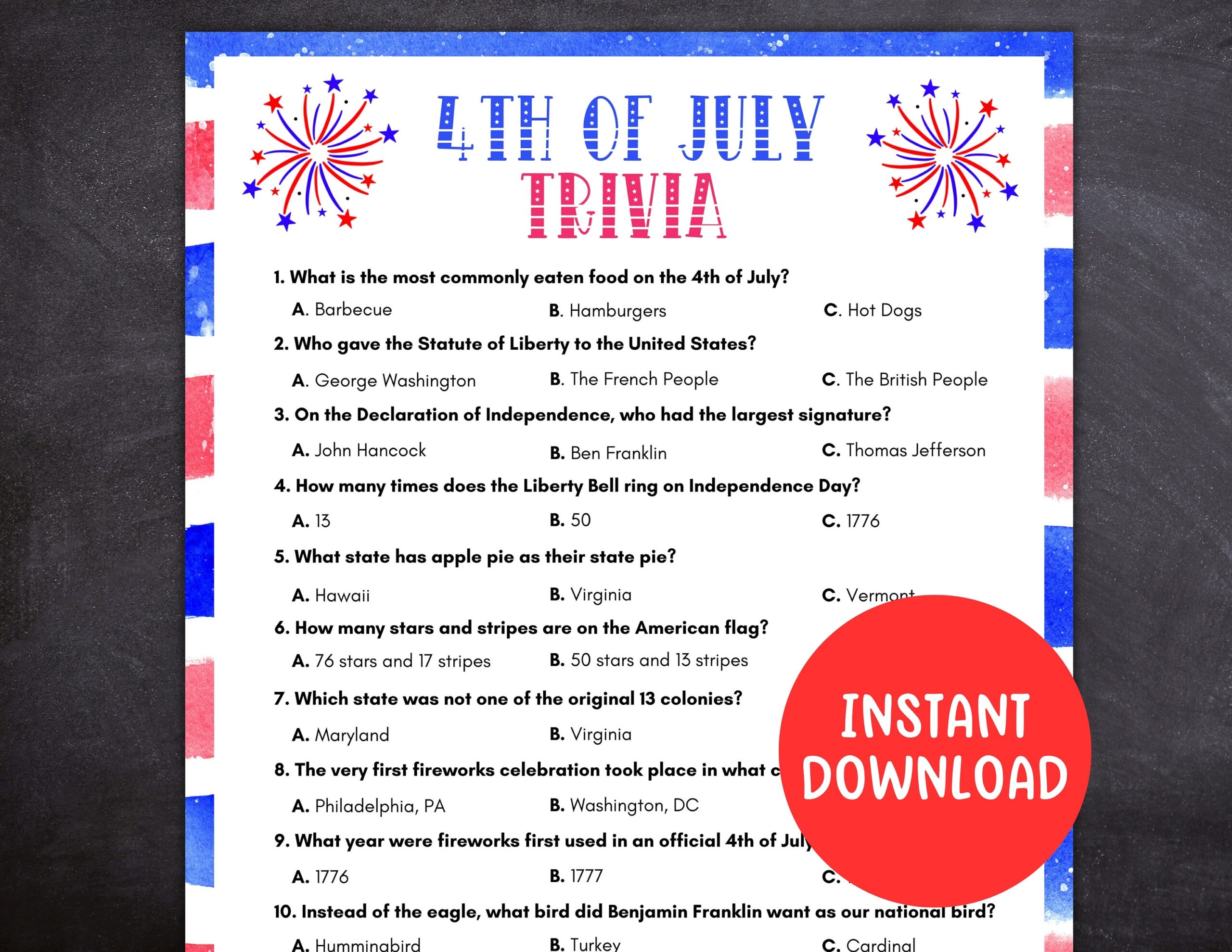 4th Of July Trivia 4th Of July Game Printable Independence Day Game 4th Of July Family Quiz United States Game For Kids And Adults Etsy