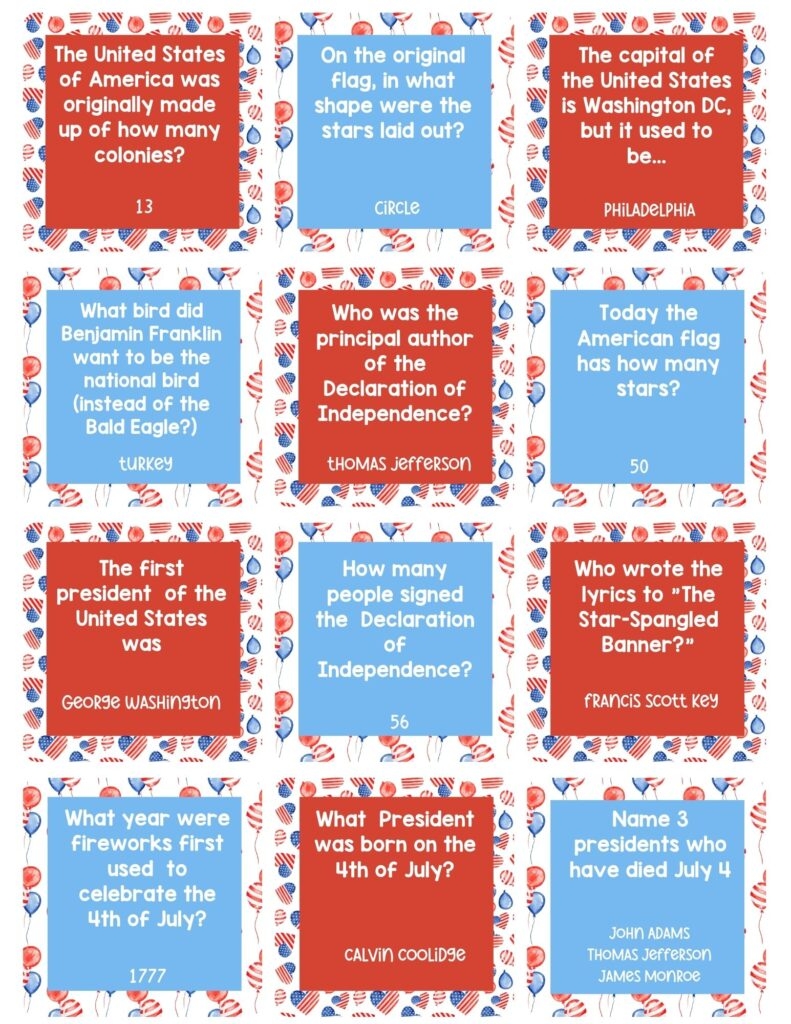 4th Of July Trivia Cards For Kids Free Printable Trivia Questions