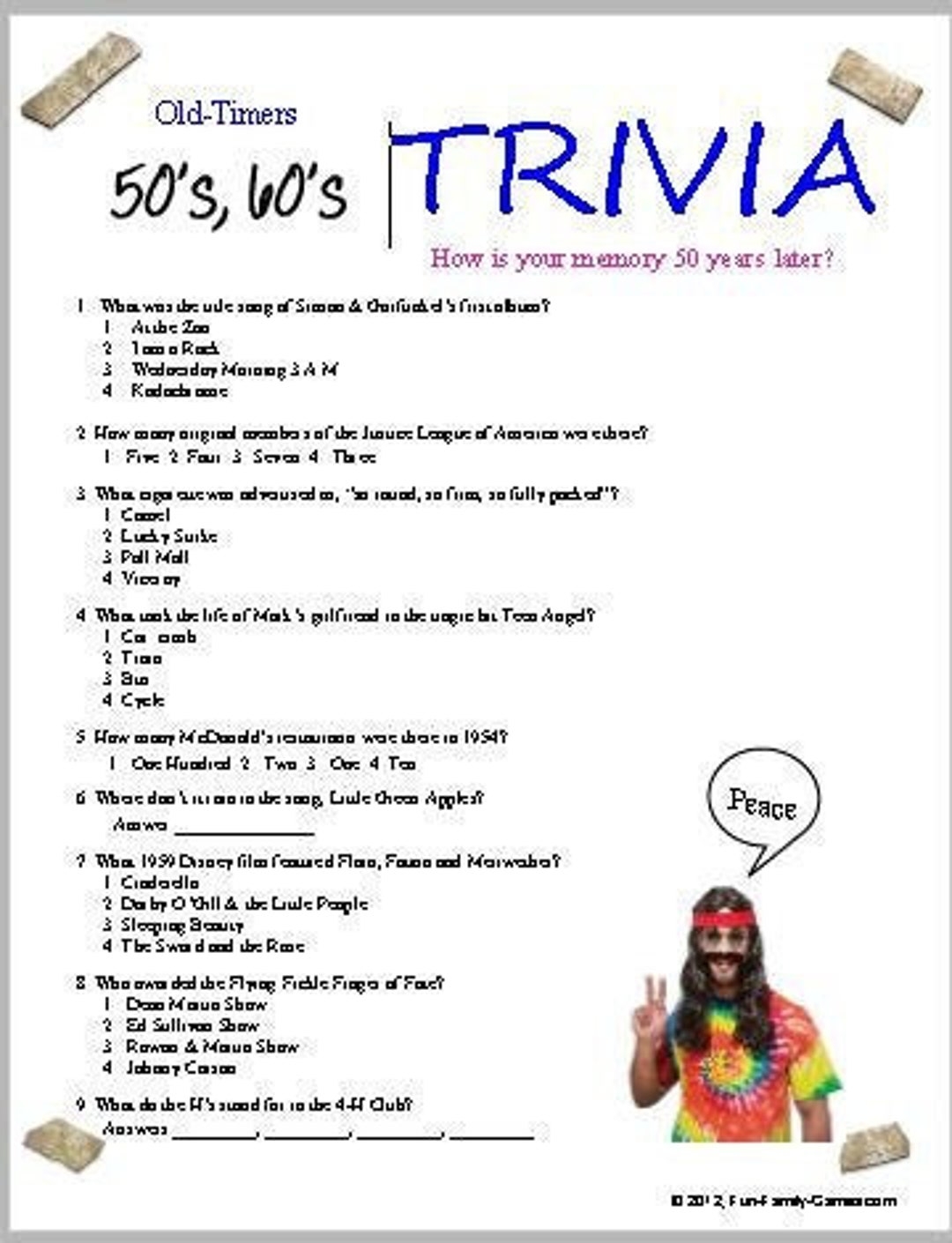 50 s 60 s Trivia Etsy