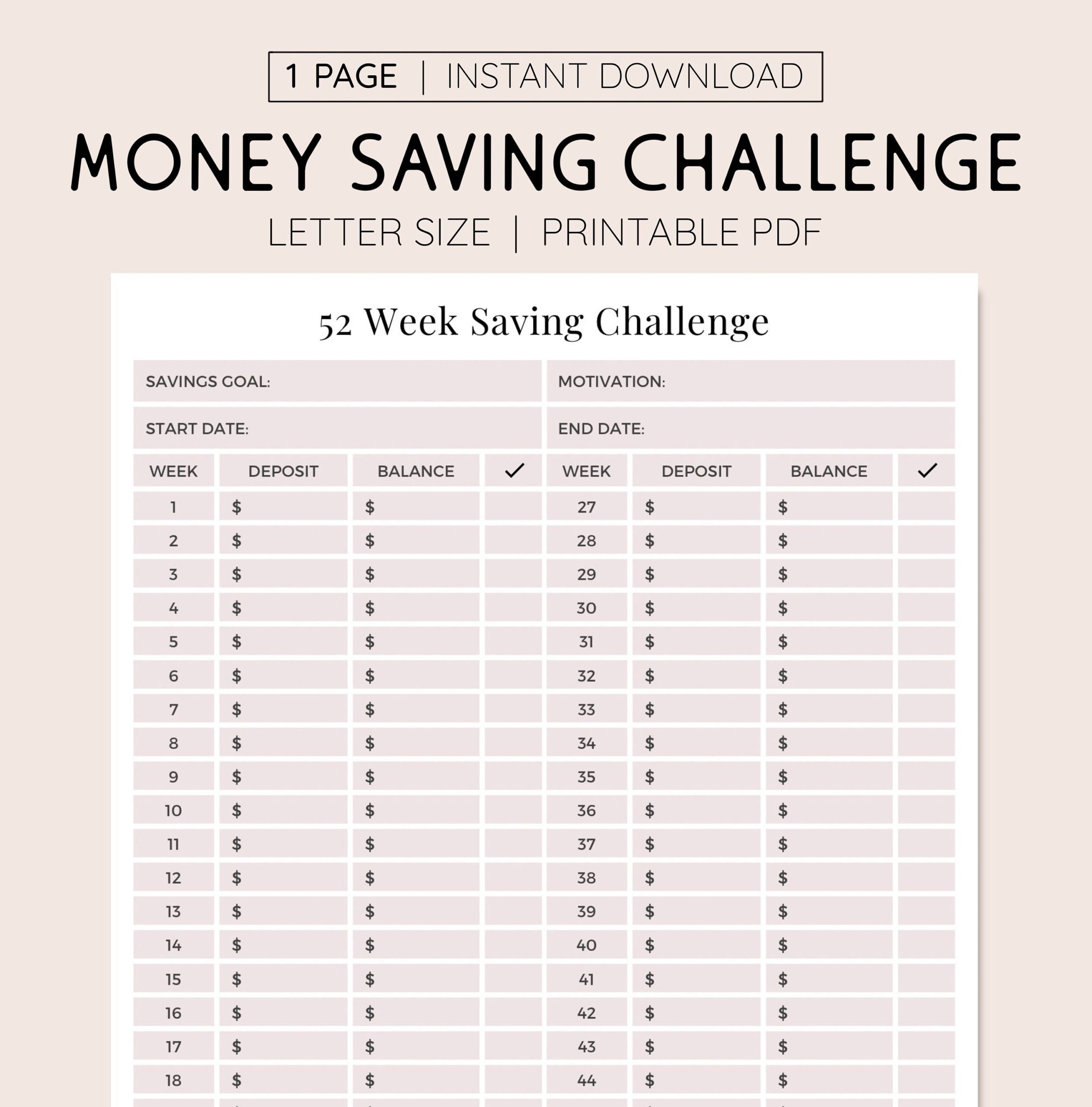 52 Week Saving Challenge Log Printable PDF Yearly Savings Goal Tracker Checklist Budget Planner Printable Money Saving Log Etsy