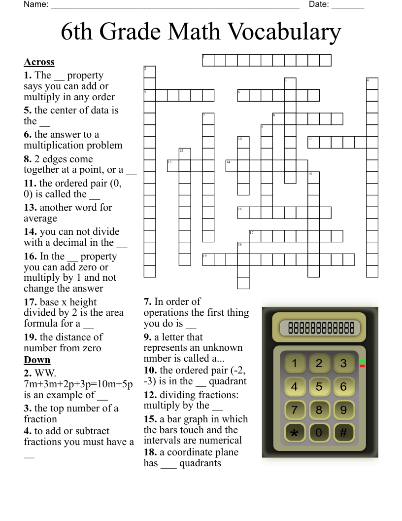 6th Grade Math Vocabulary Crossword WordMint