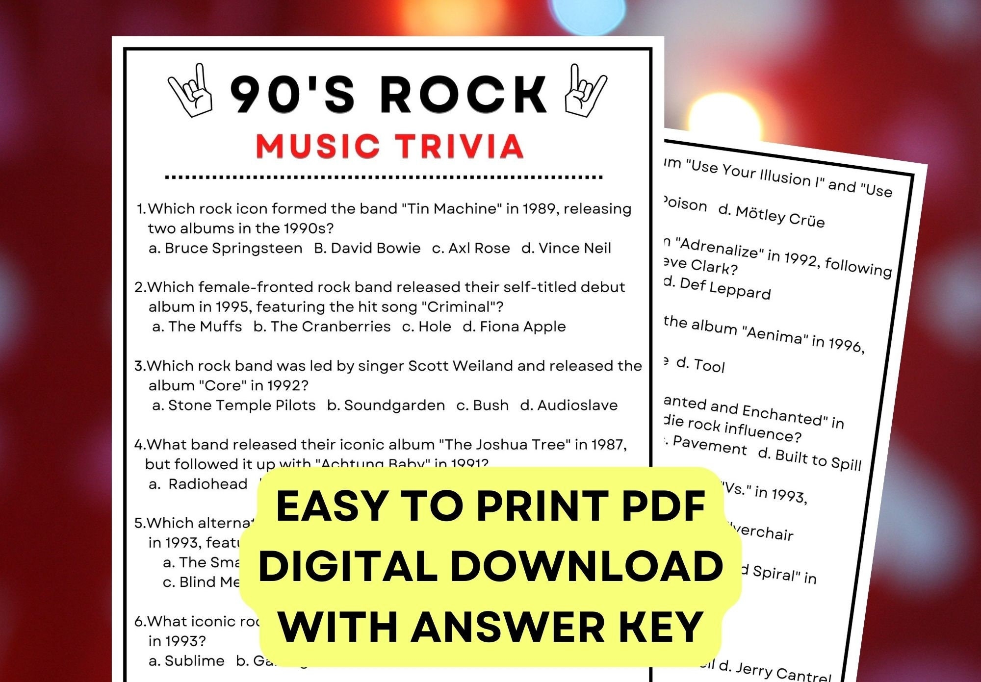 90s Rock Music Trivia Game Digital PDF Instant Printable Trivia Game With Answer Key Etsy