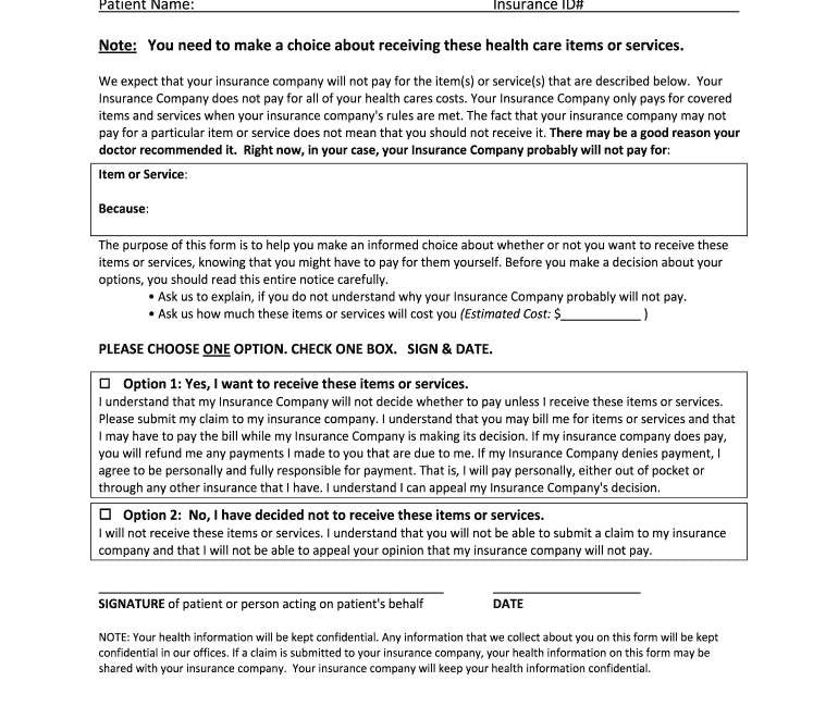 Advance Beneficiary Notice Non Medicare Form Fill Online Printable Fillable Blank PdfFiller