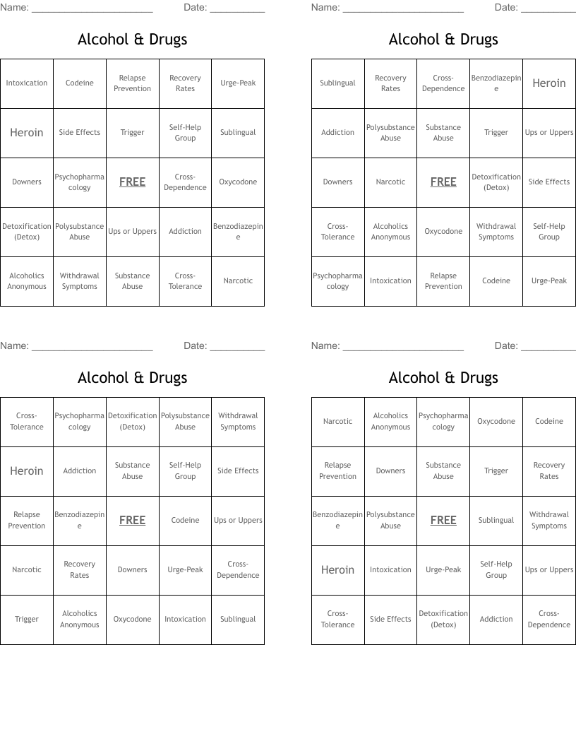 Alcohol Drugs Bingo Cards WordMint