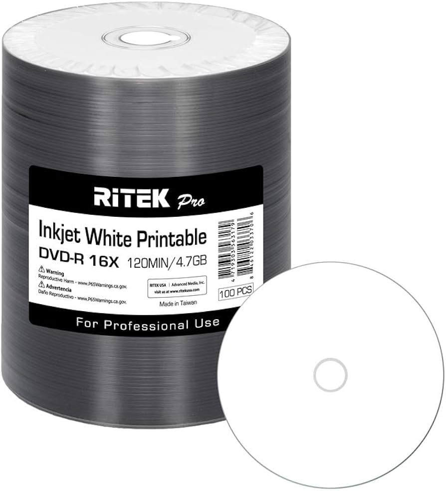 Amazon 100 Pack Ritek Pro Professional Grade DVD R 16X 4 7GB AZO Dye MID MXL RG04 White Inkjet Hub Printable Blank Media Recordable Disc Electronics