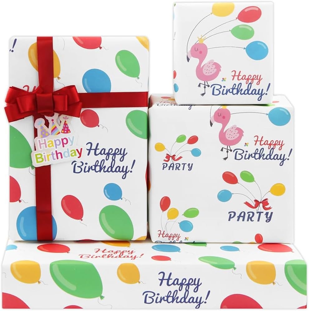Amazon Happy Birthday Gift Wrapping Paper 4 Folded Balloon HAPPY BIRTHDAY Print Gift Wrap Paper Sheets With Ribbon And Card 50x70cm Per Sheet Perfect For Kids Girls Boys Men Women Adults On Birthday Baby 