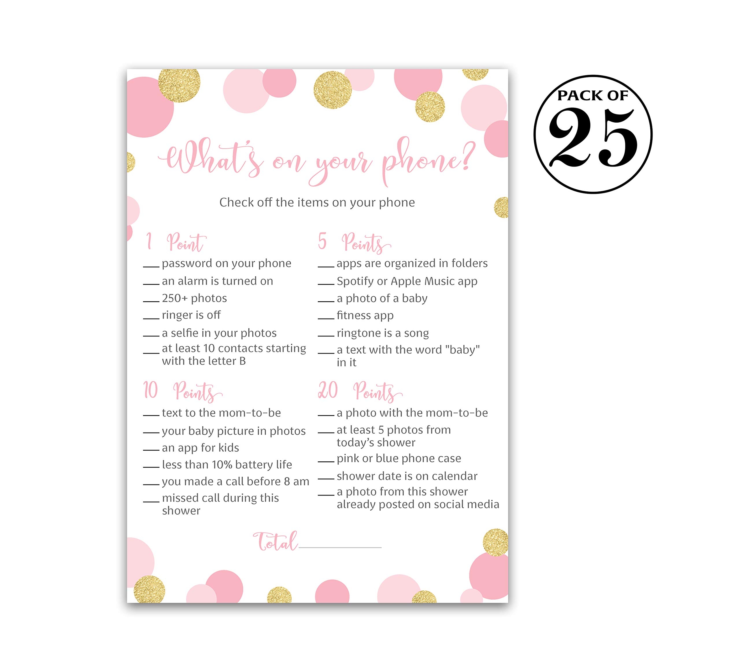 Amazon Inscape Creations Pink And Gold Polka Dot GIRL Baby Shower Games WHAT S ON YOUR PHONE Game Pack Of 25 Gender Reveal Baby Shower Activity Confetti Coed Co ed Couples