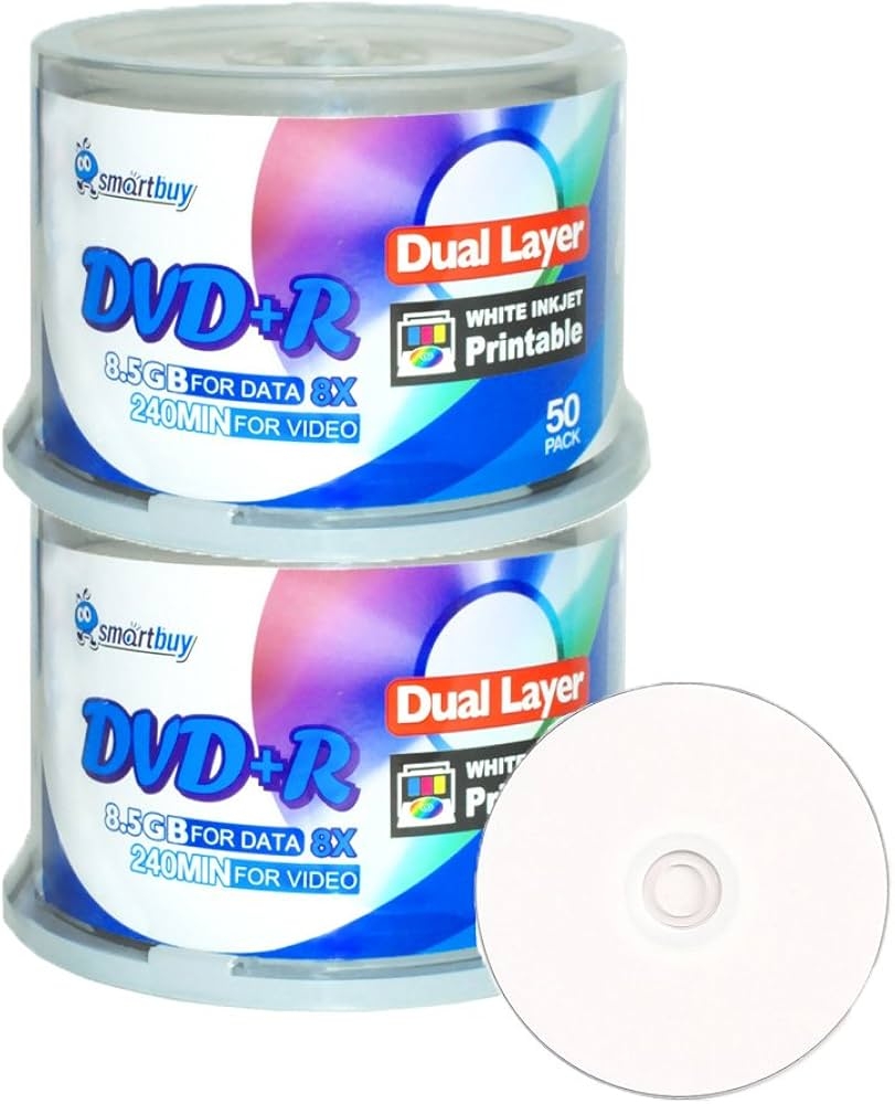 Amazon Smart Buy 100 Pack DVD r Dl 8 5gb 8X DVD Plus R Double Layer Printable White Inkjet Blank Data Recordable Media 100 Discs Spindle Electronics