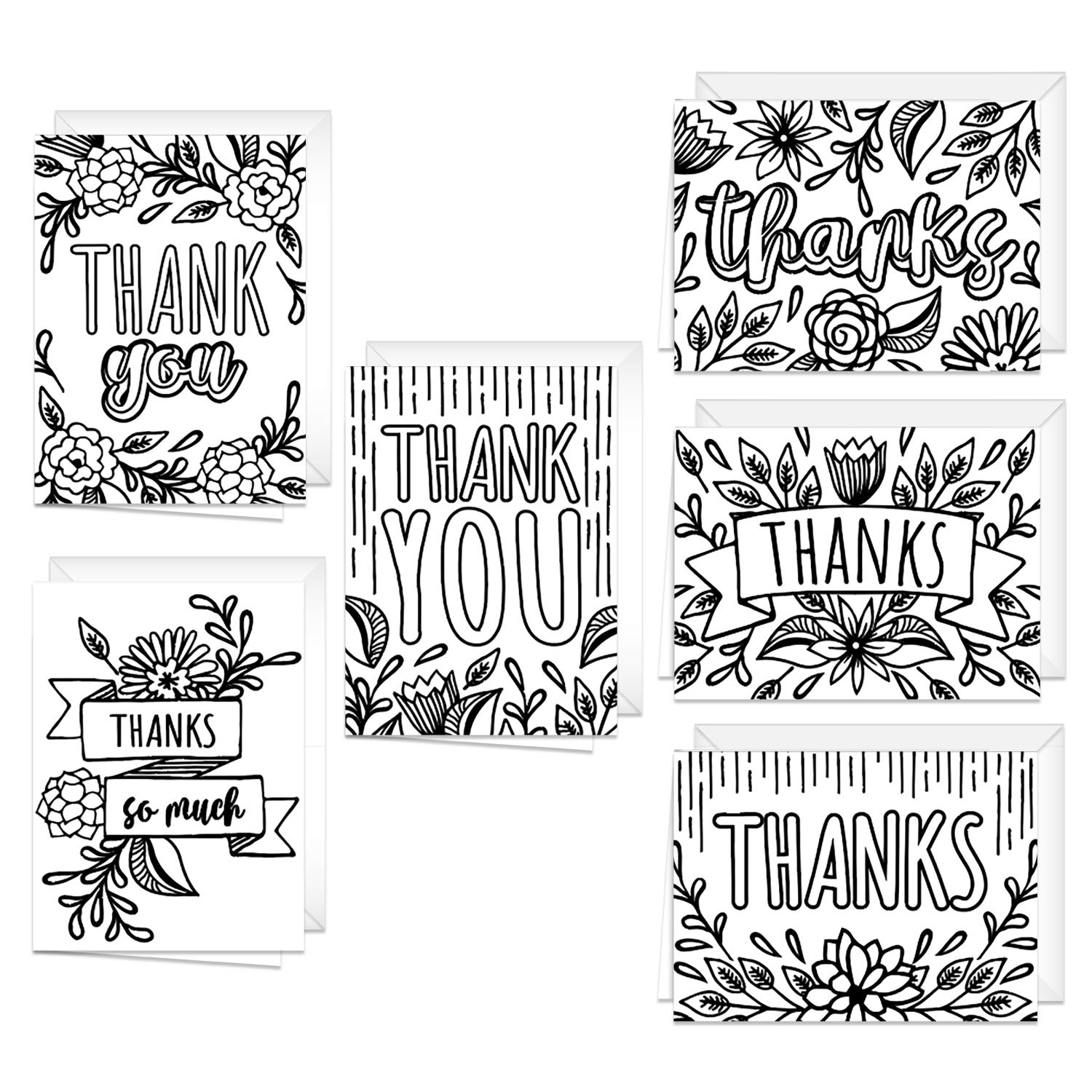 Amazon Thank You Coloring Note Cards 24 Color Yourself Grateful Cards With Envelopes 6 Floral Appreciation Designs 3 1 2 X 4 7 8 Black White Coloring Gratitude Notes Office Products