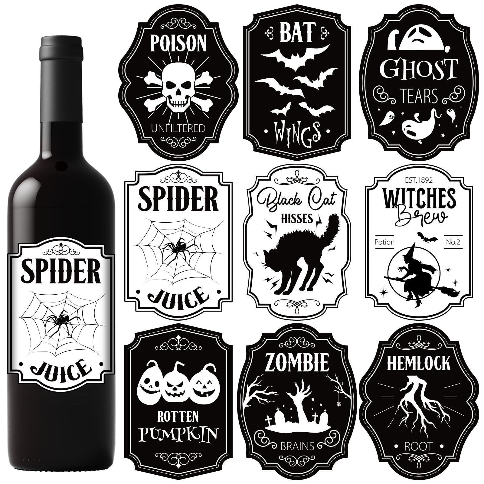 Amazon Whaline 54Pcs Halloween Wine Bottle Labels Stickers Black Potion Bottle Labels Apothecary Halloween Scary Novelty Design Waterproof Wine Bottle Poison Labels Decor For Halloween Party Favor Home Kitchen