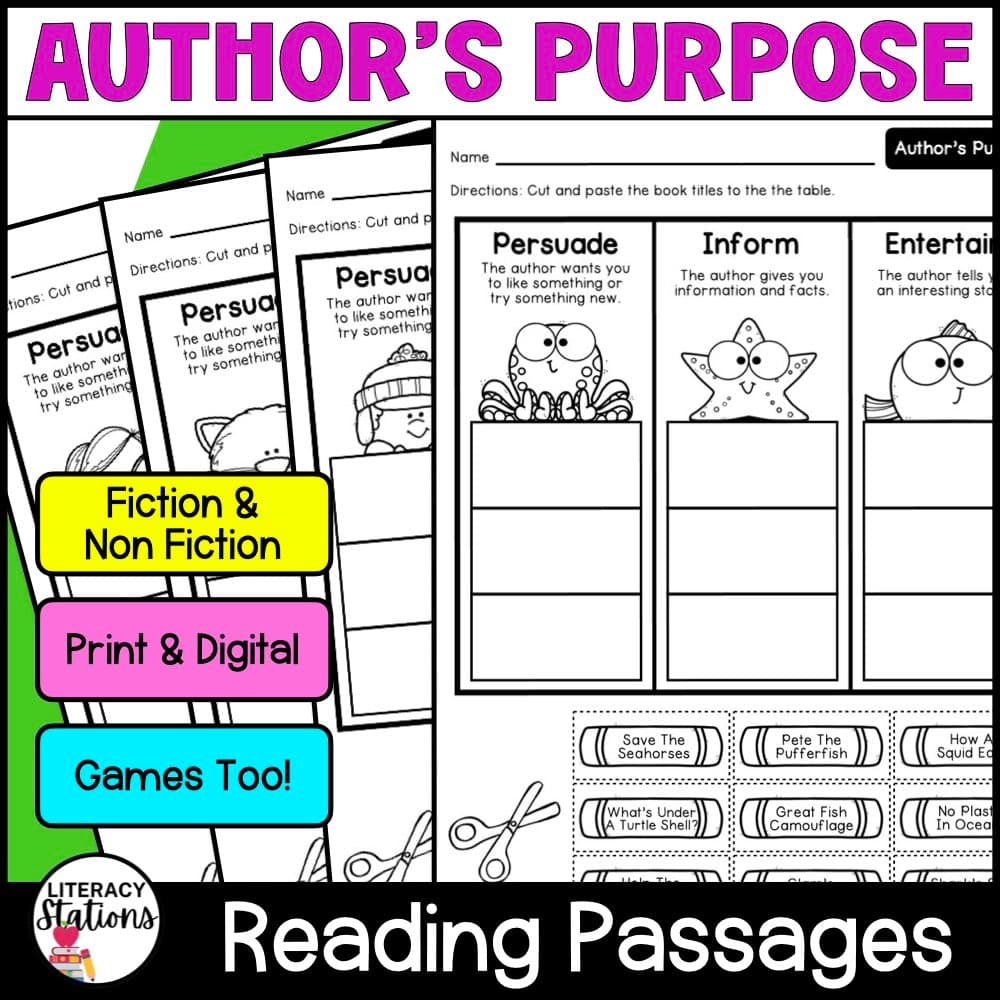 Author s Purpose Reading Passages Literacy Stations Worksheets Library