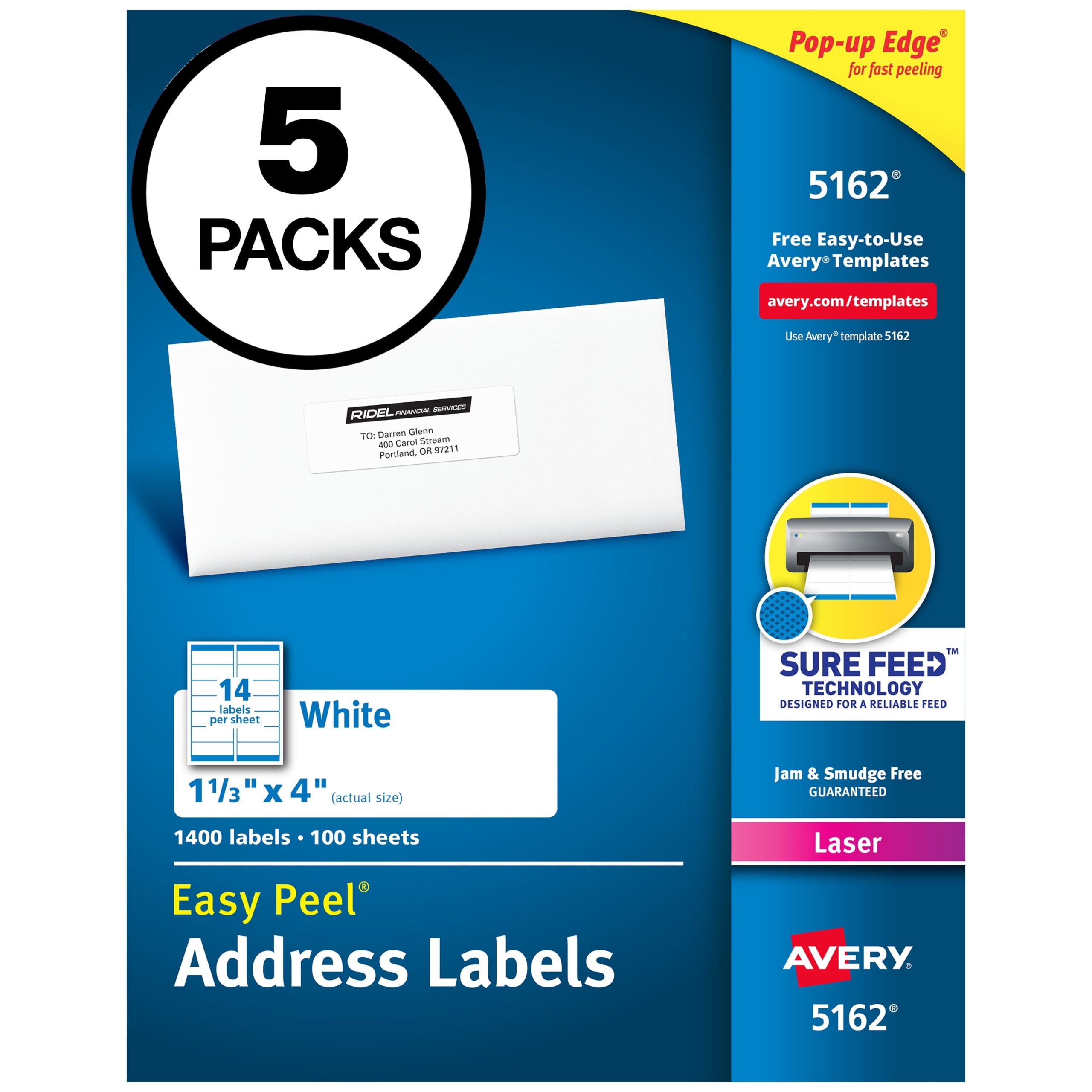 Avery Easy Peel Printable Address Labels With Sure Feed 1 1 3 X 4 White 1 400 Blank Mailing Labels For Laser Printers 5162 5 Pack Walmart