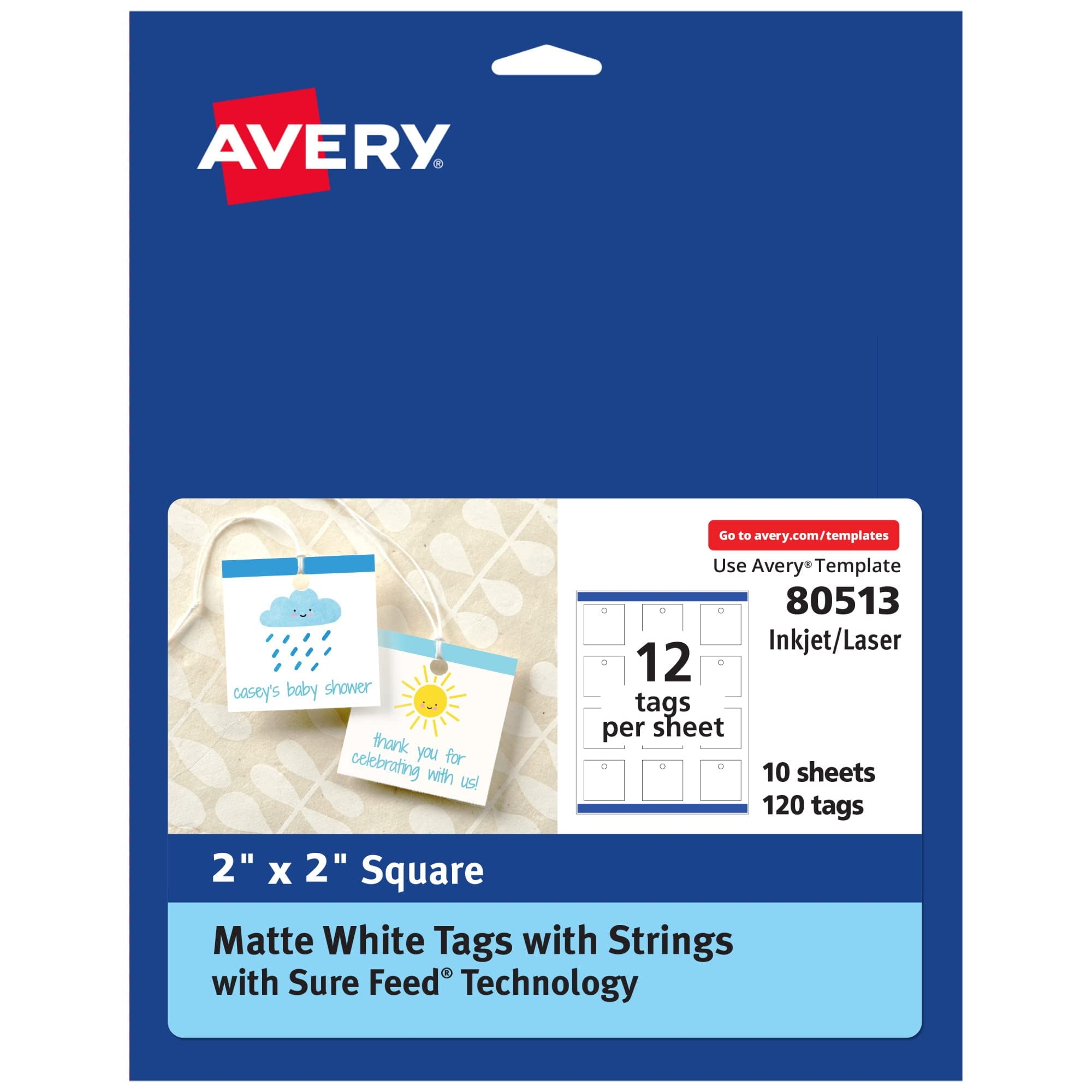 Avery Square Tags With Sure Feed Technology 2 X 2 Matte White 120 Square Tags With Strings Print to The Edge Laser Inkjet Printable Tags 80513 Walmart