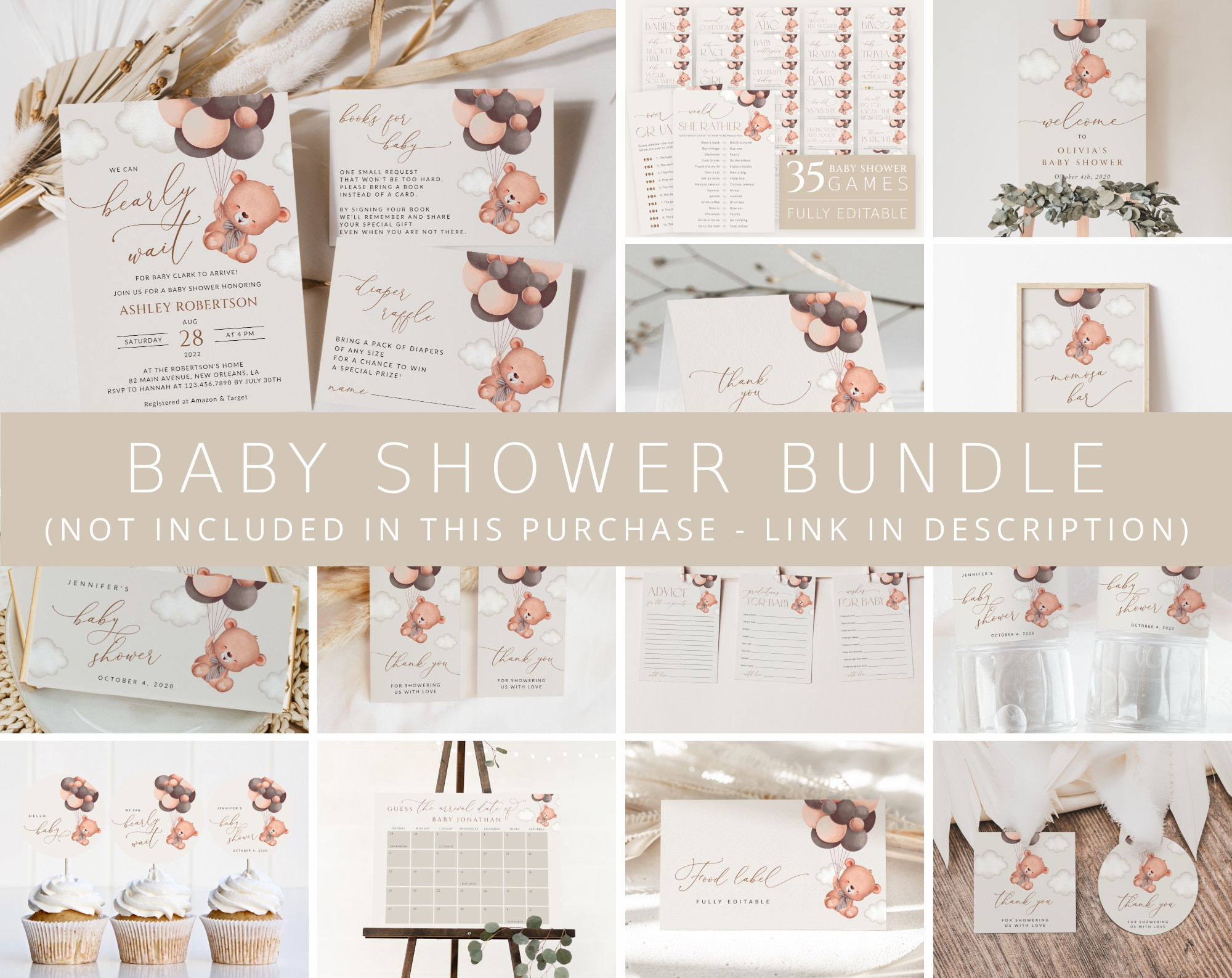 Baby Bear With Brown Balloons Food Label Baby Shower Decor