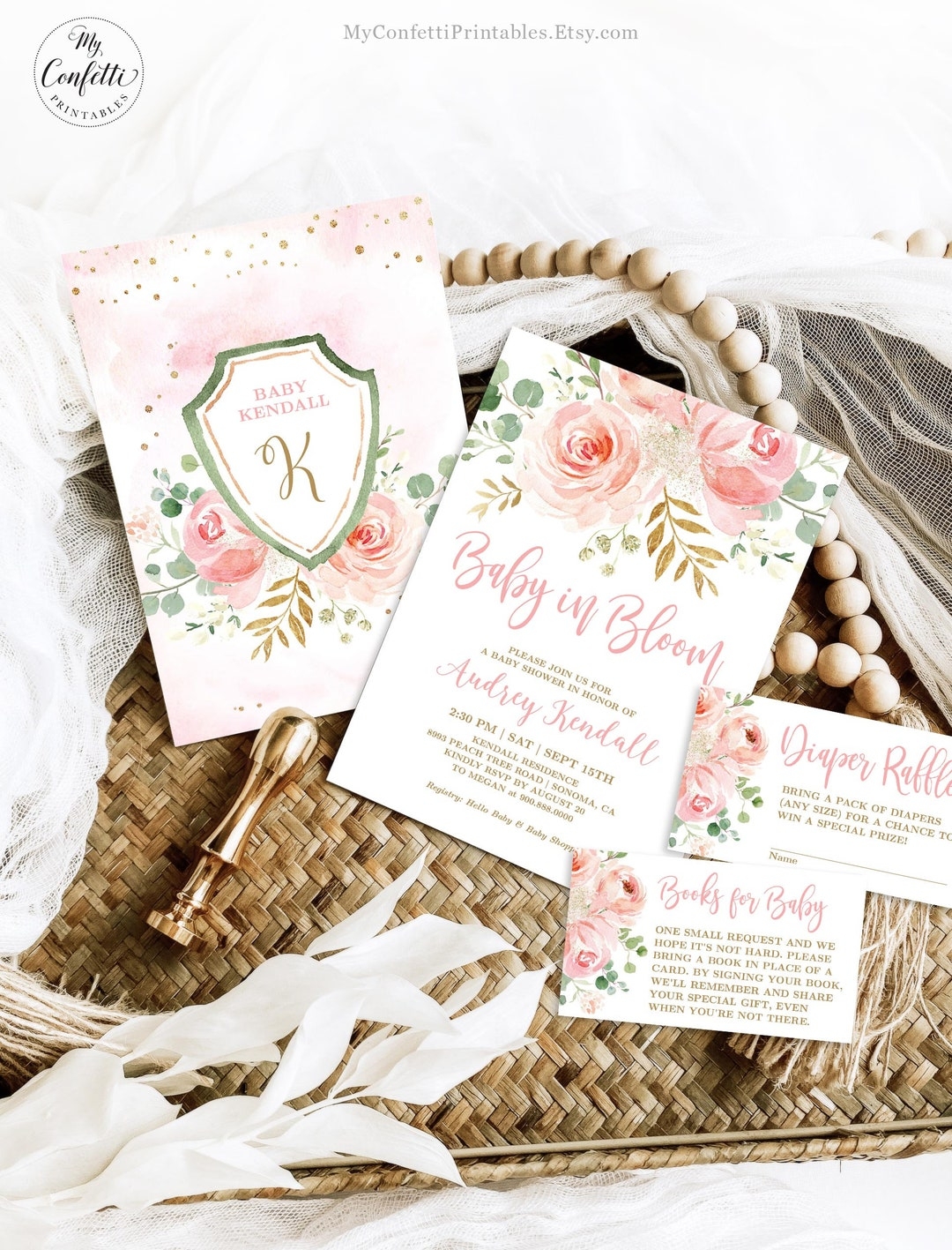 Baby In Bloom Baby Shower Invitation Template EDITABLE Printable Baby Shower Invitation Girl Bundle Boho Blush Pink Floral MCP820 CJB Etsy