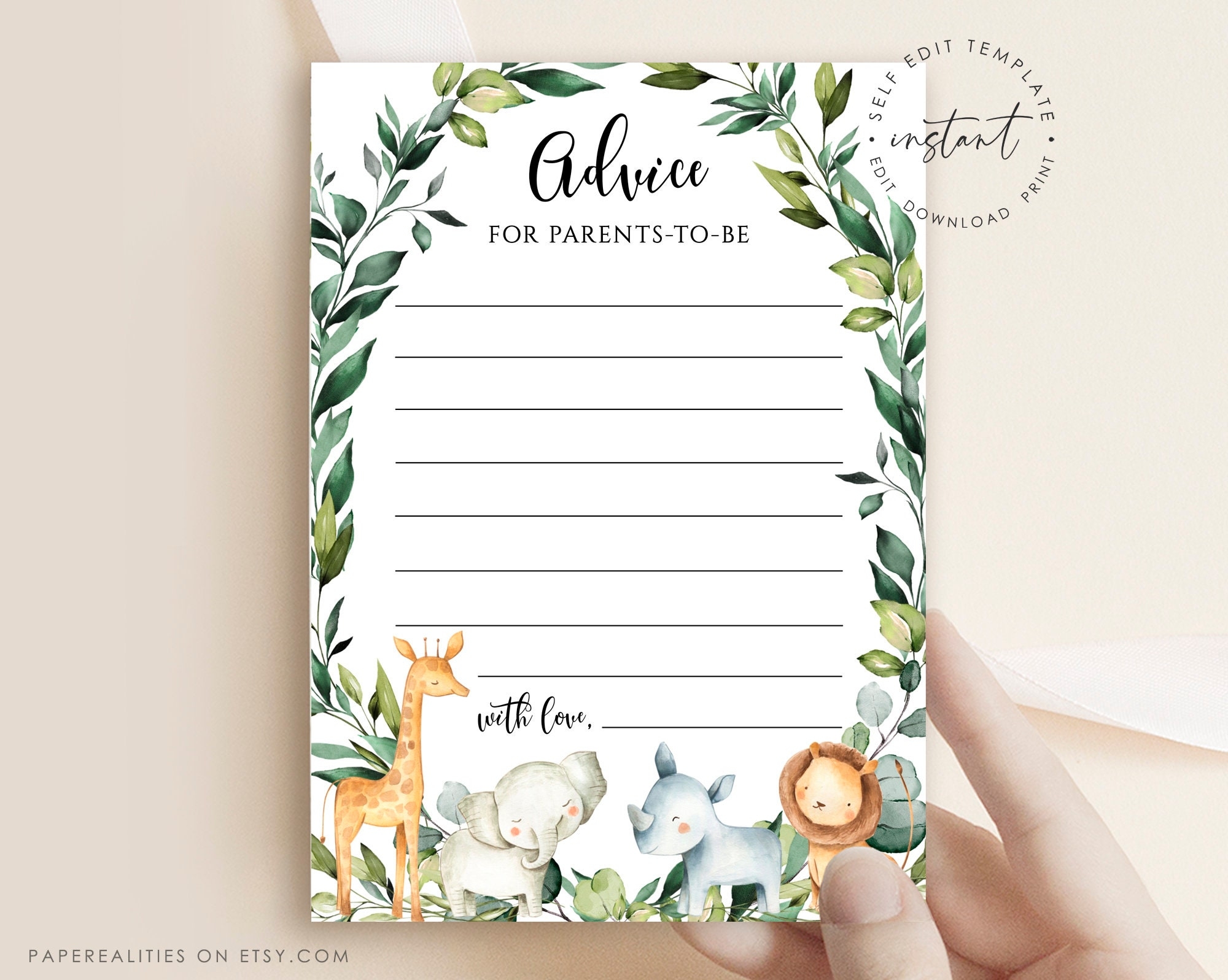 Baby Shower Advice For Parents To Be Template Jungle Safari Advice Card Printable Well Wishes And Parenting Advice Template Download Etsy