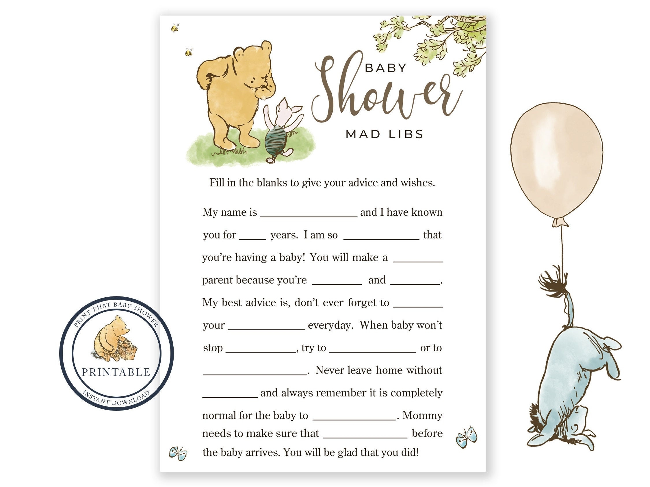 Baby Shower Game Winnie The Pooh Baby Shower Baby Mad Libs Pooh Bear Baby Shower Printable Baby Shower Mad Libs Game Baby Shower Etsy
