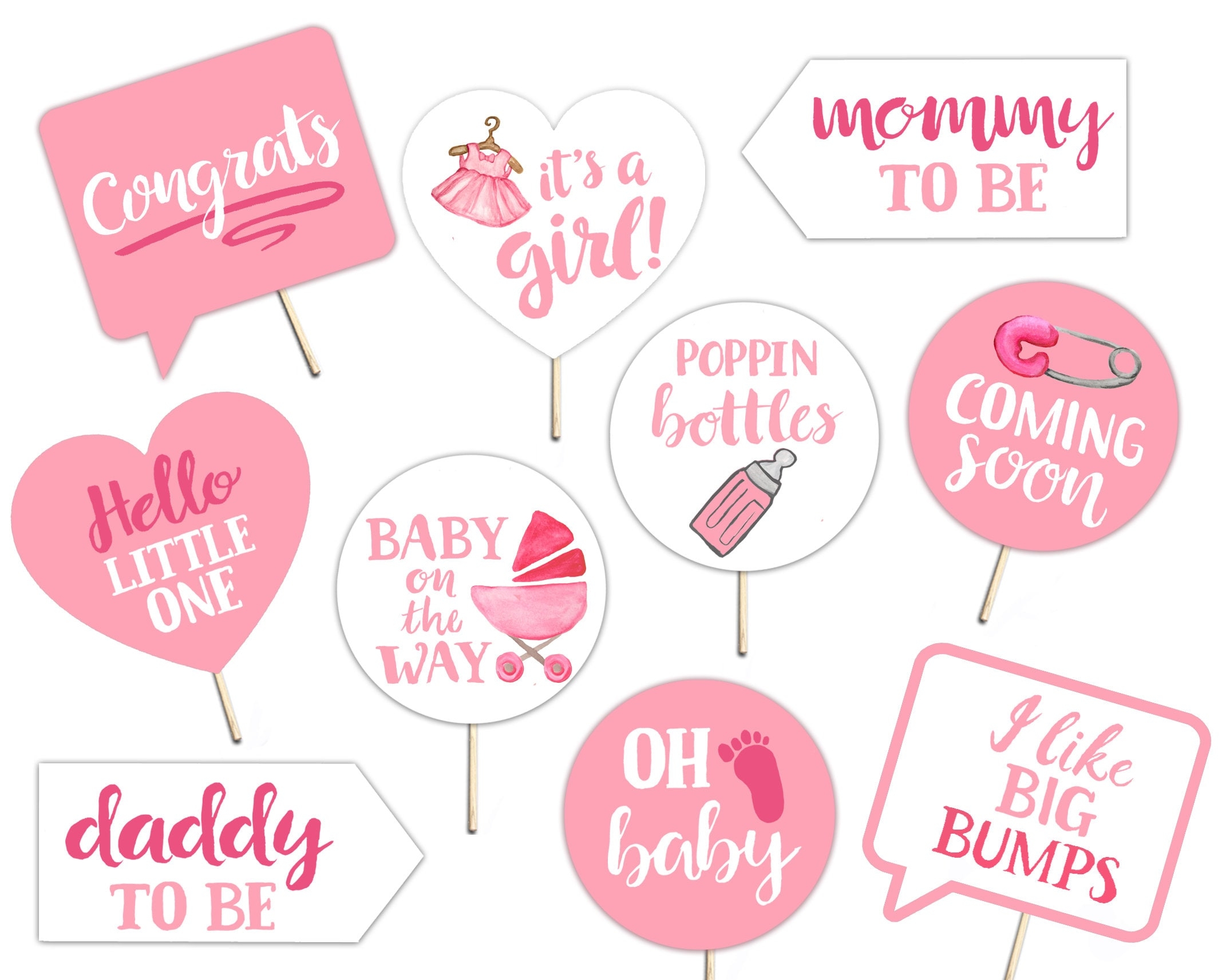 Baby Shower Printable Photo Booth Props Baby Girl Pink And White 10 Hand Painted Signs Pretty Sweet Cute Etsy