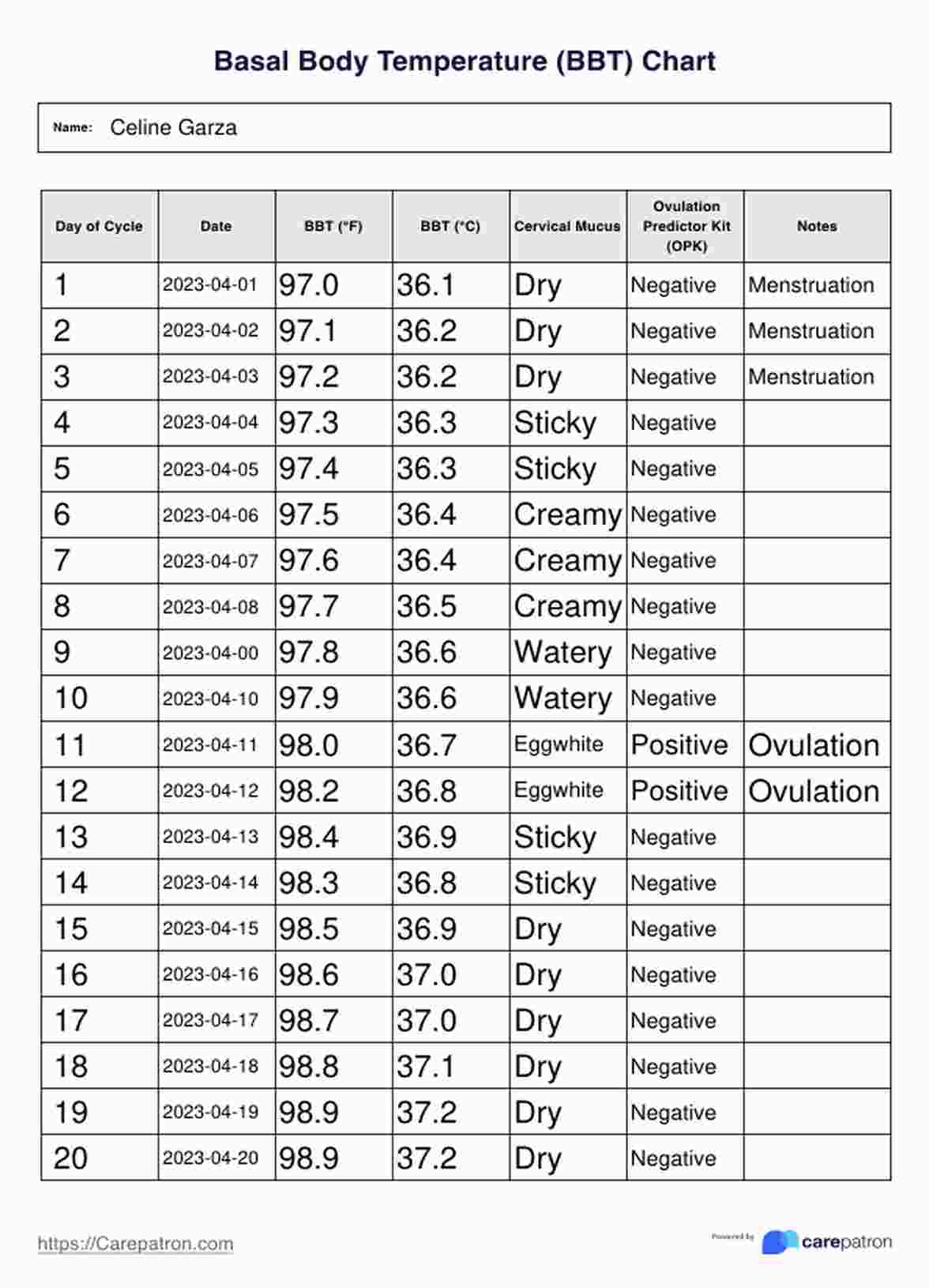 Basal Body Temperature Chart Printable