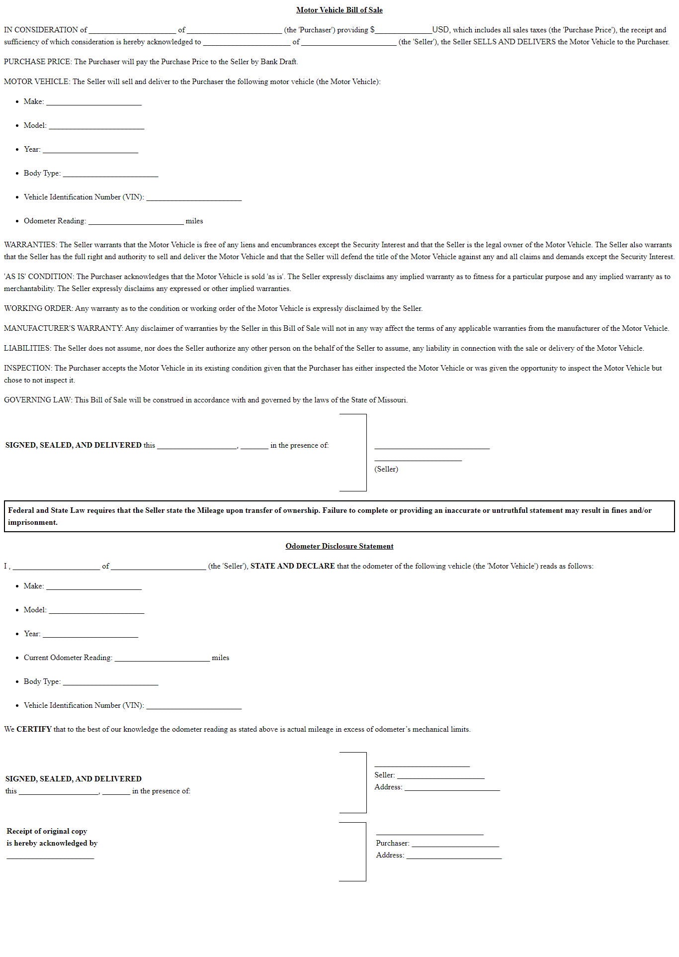 Bill Of Sale Missouri Form For Car DMV Or Standard Sale
