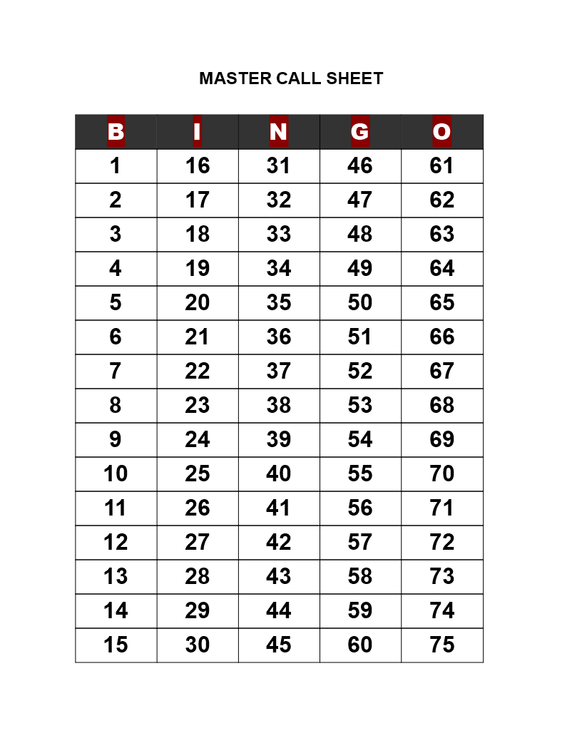 Printable Free Bingo Call Sheets