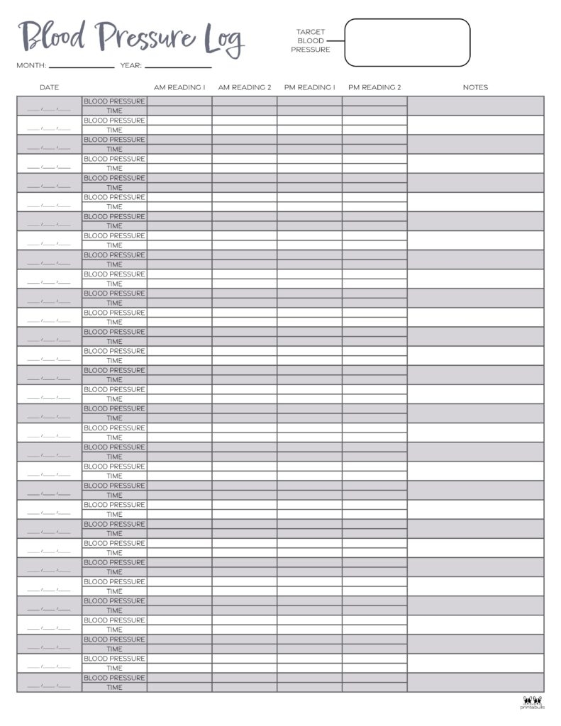 Blood Pressure Logs 25 FREE Printables Printabulls