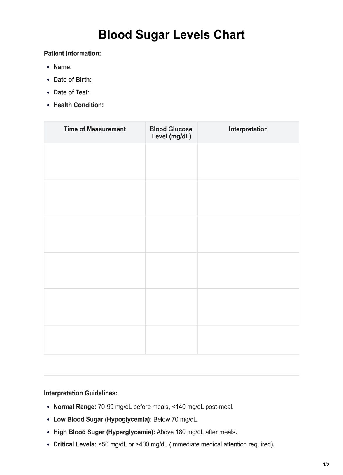 Blood Sugar Levels Chart Example Free PDF Download