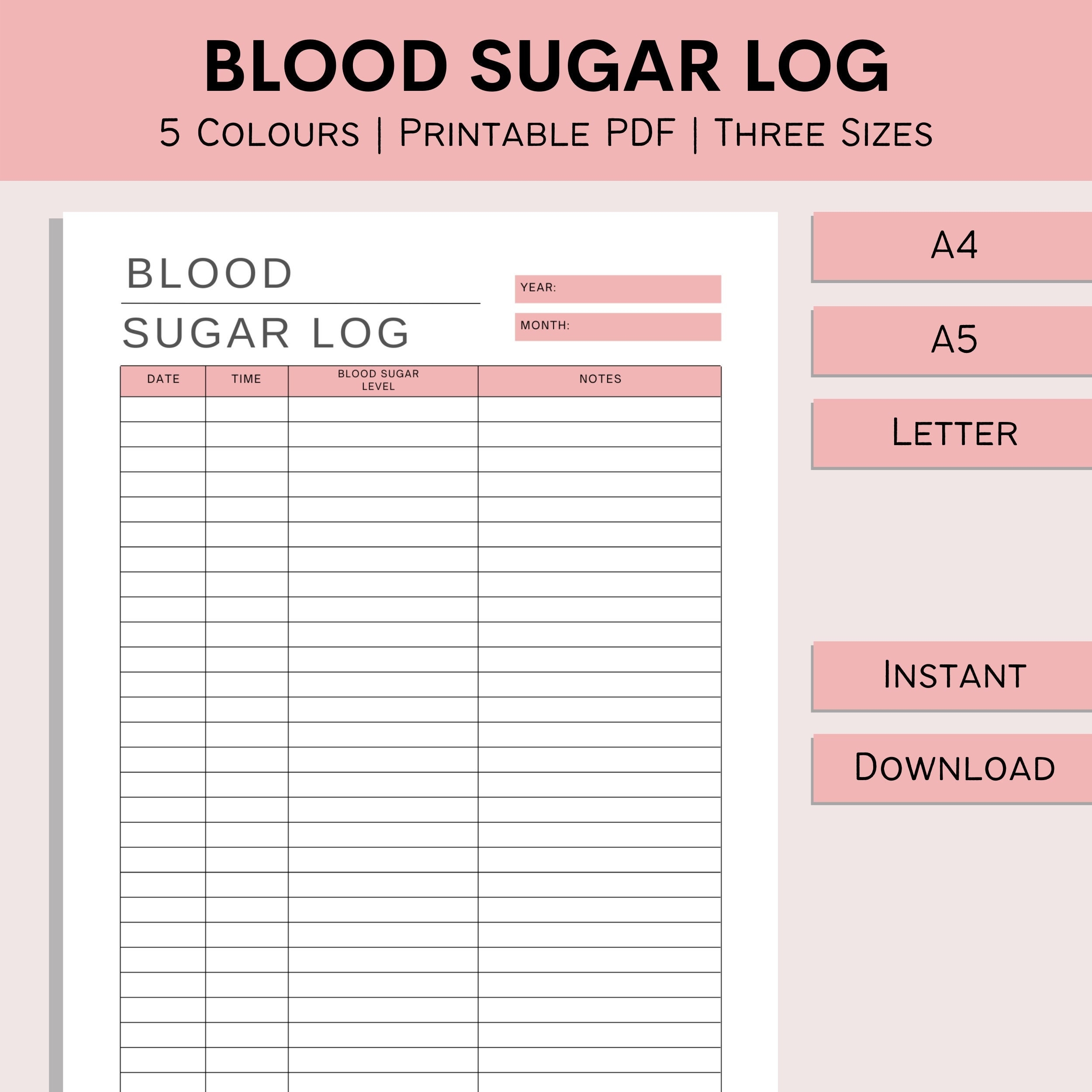 Blood Sugar Log Printable Blood Sugar Tracker Diabetic Log Blood Glucose Track Diabetes Spreadsheet Monitor PDF A4 A5 Letter Etsy