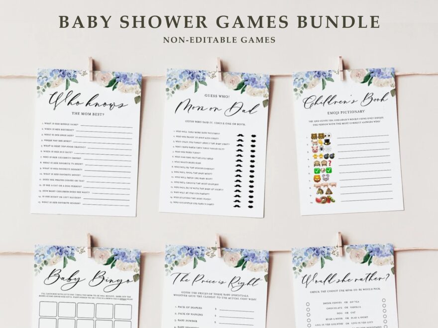 Blue Floral Baby Shower Games Bundle Printable 5x7 Blue Hydrangeas And White Roses Baby Sprinkles Games Bundle Instant Download BH12 Etsy