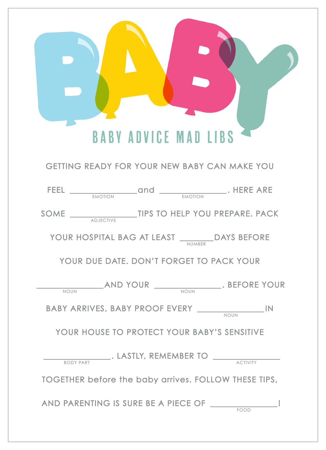 Bubble Balloons Baby Shower Mad Libs By Basic Invite