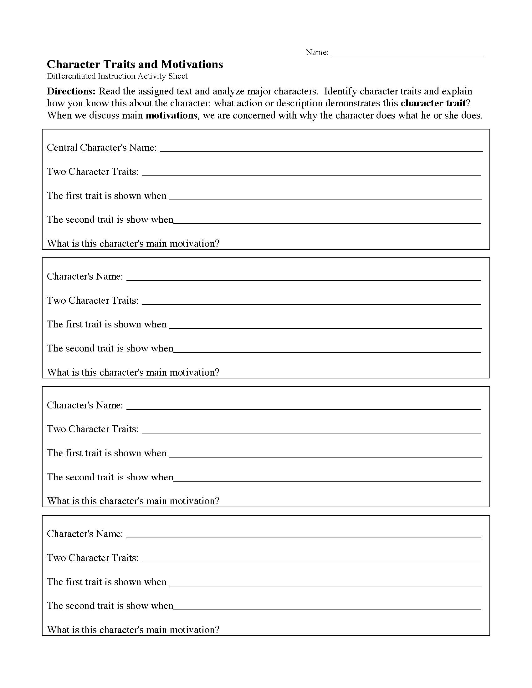 Character Traits And Motivations Differentiated Reading Activity Reading Activity