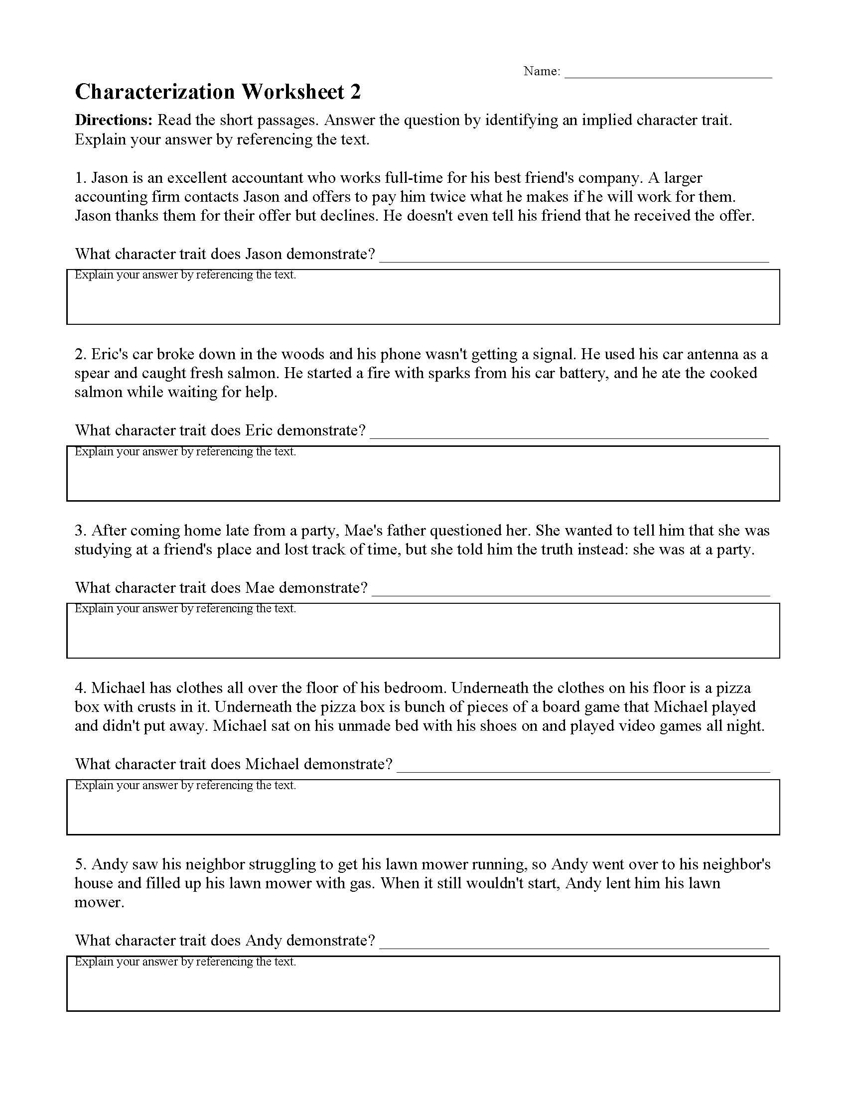 Characterizations Worksheet 2 Reading Activity