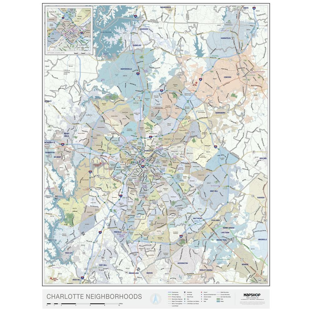 Charlotte NC Neighborhood Wall Map By MapShop The Map Shop