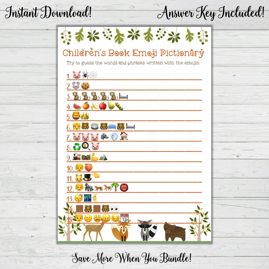 Children s Book Emoji Pictionary Game Woodlands Baby Shower Games Boy Baby Shower Instant Download Digital Printable Rustic Woodlands Etsy