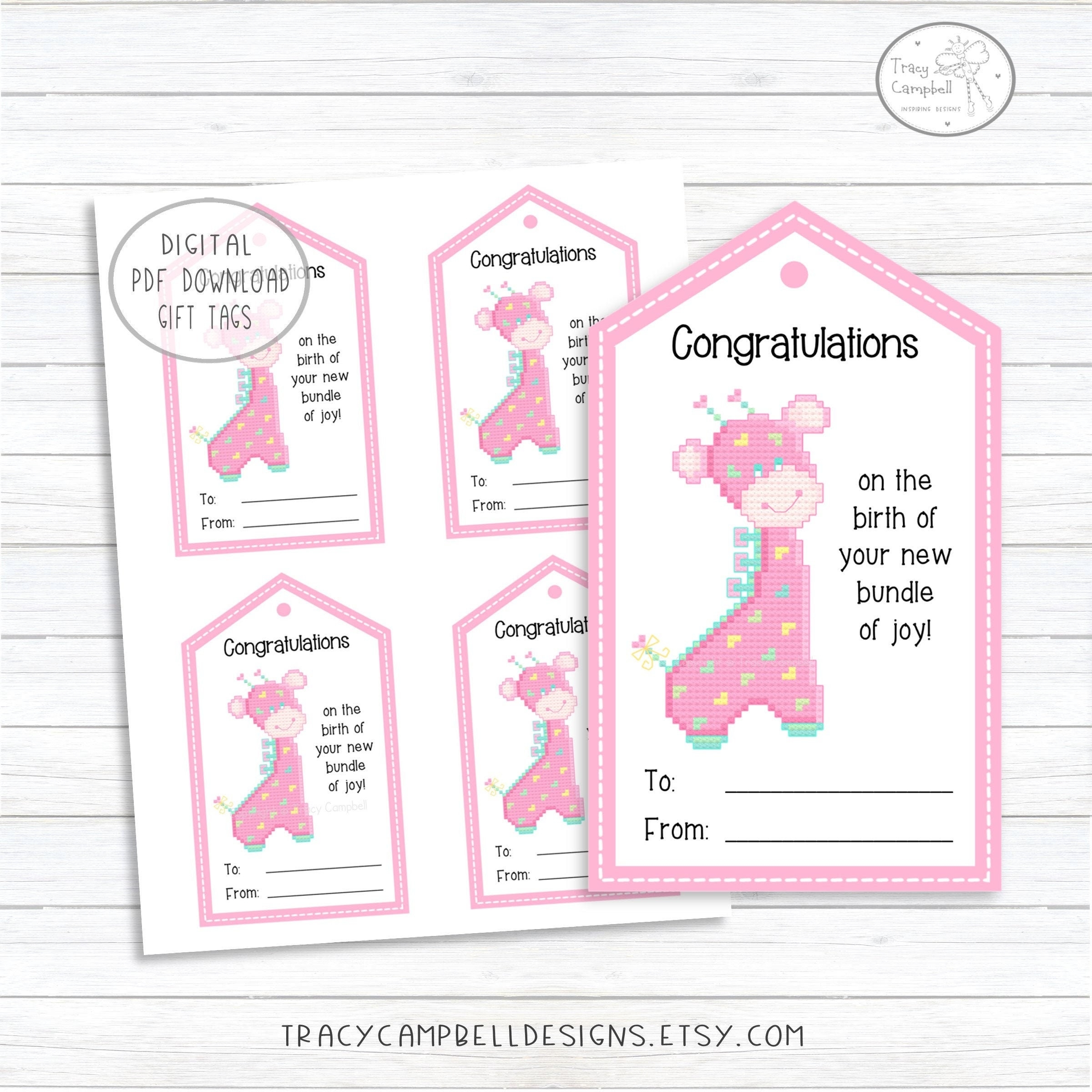 Congratulations New Baby Gift Tags Bundle Of Joy Printable Gift Tags Pink Giraffe Cross stitch inspired Design Instant Digital PDF Etsy