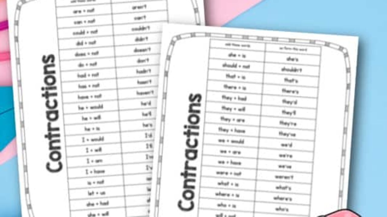 Contraction Word List Free Word Work