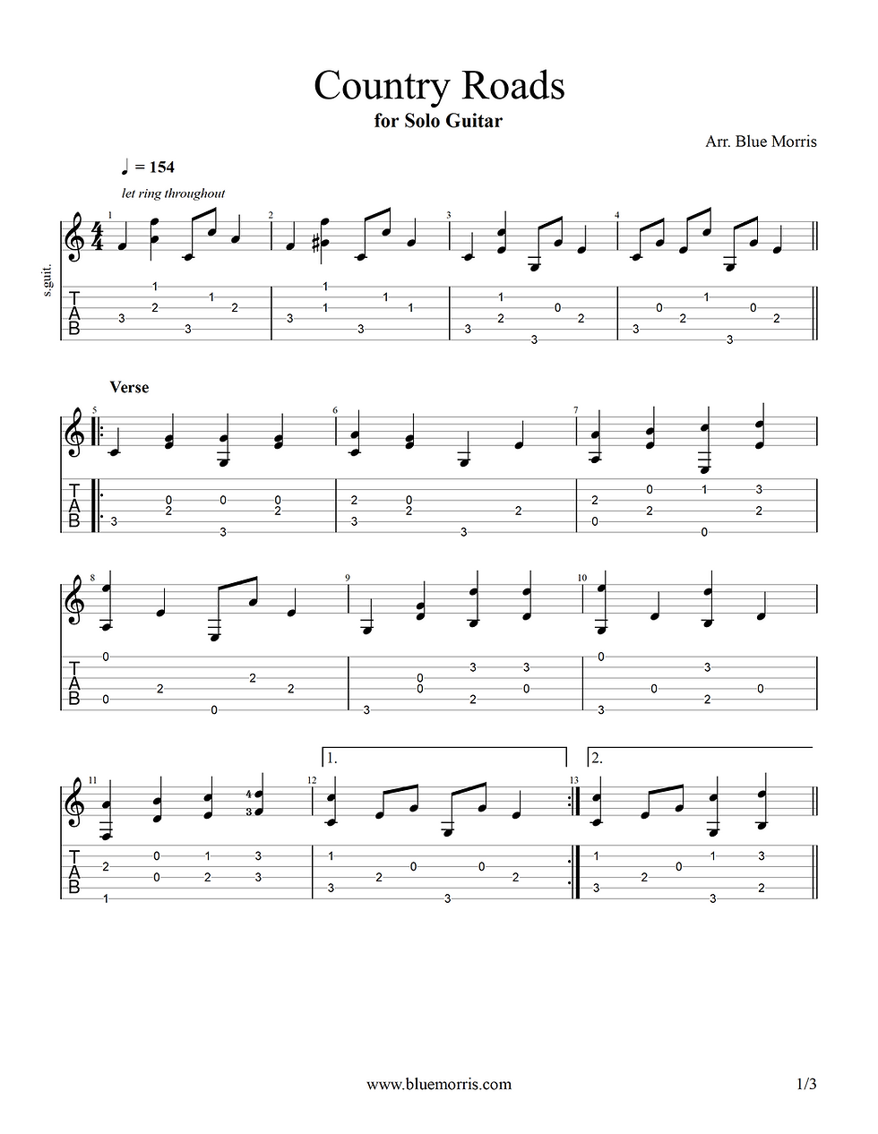 Country Roads Fingerstyle Guitar Tab