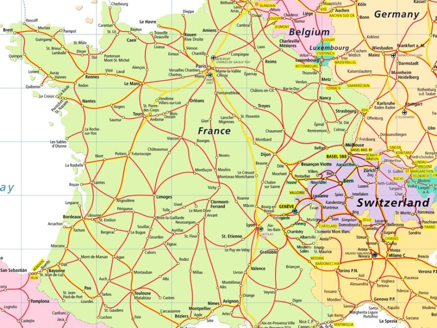 Detailed Road Map Of France And Switzerland France And Switzerland Detailed Road Map Vidiani Maps Of All Countries In One Place
