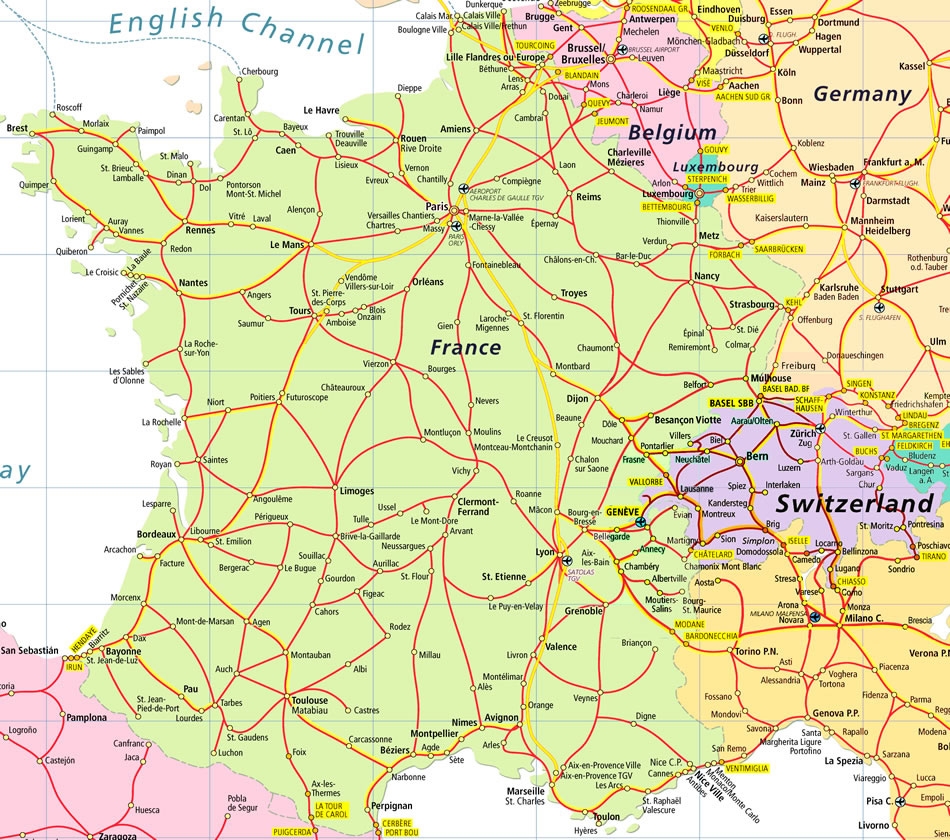 Detailed Road Map Of France And Switzerland France And Switzerland Detailed Road Map Vidiani Maps Of All Countries In One Place