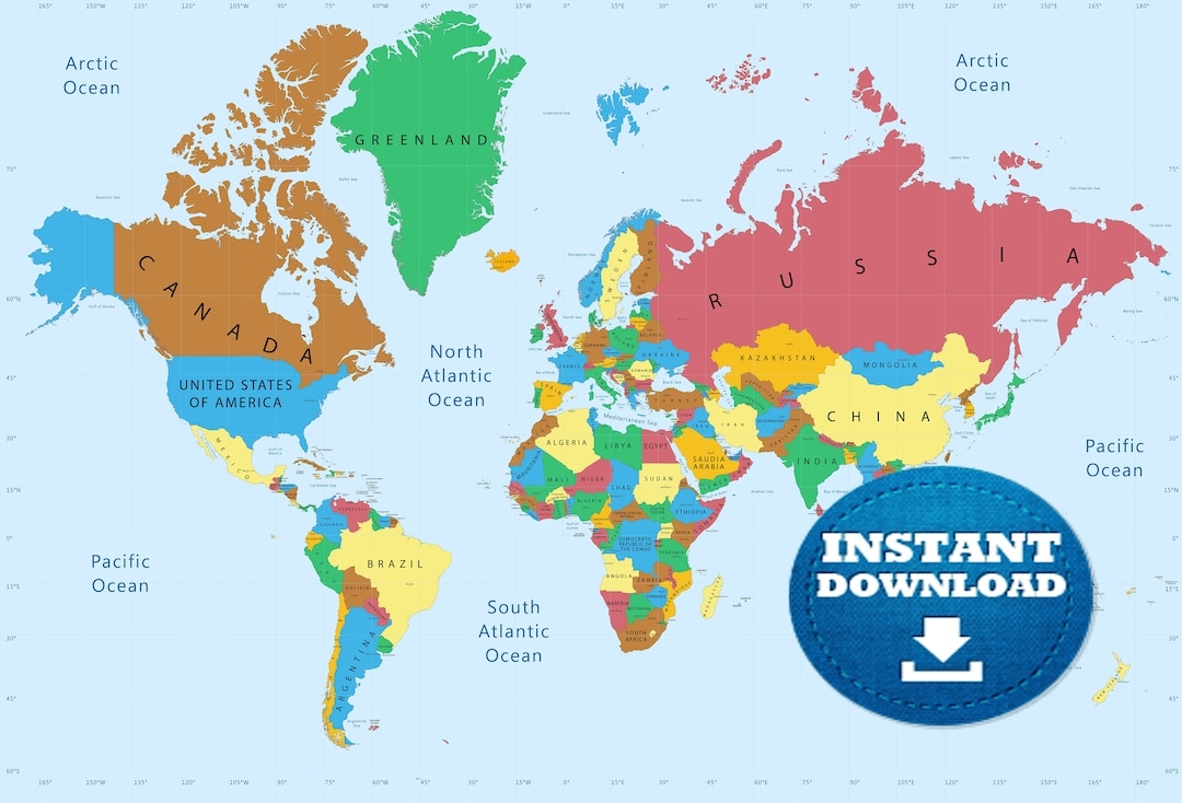 Digital Colorful World Map Printable Download Weltkarte Colorful Countries World Map Instant Download World Map World Map Poster Etsy