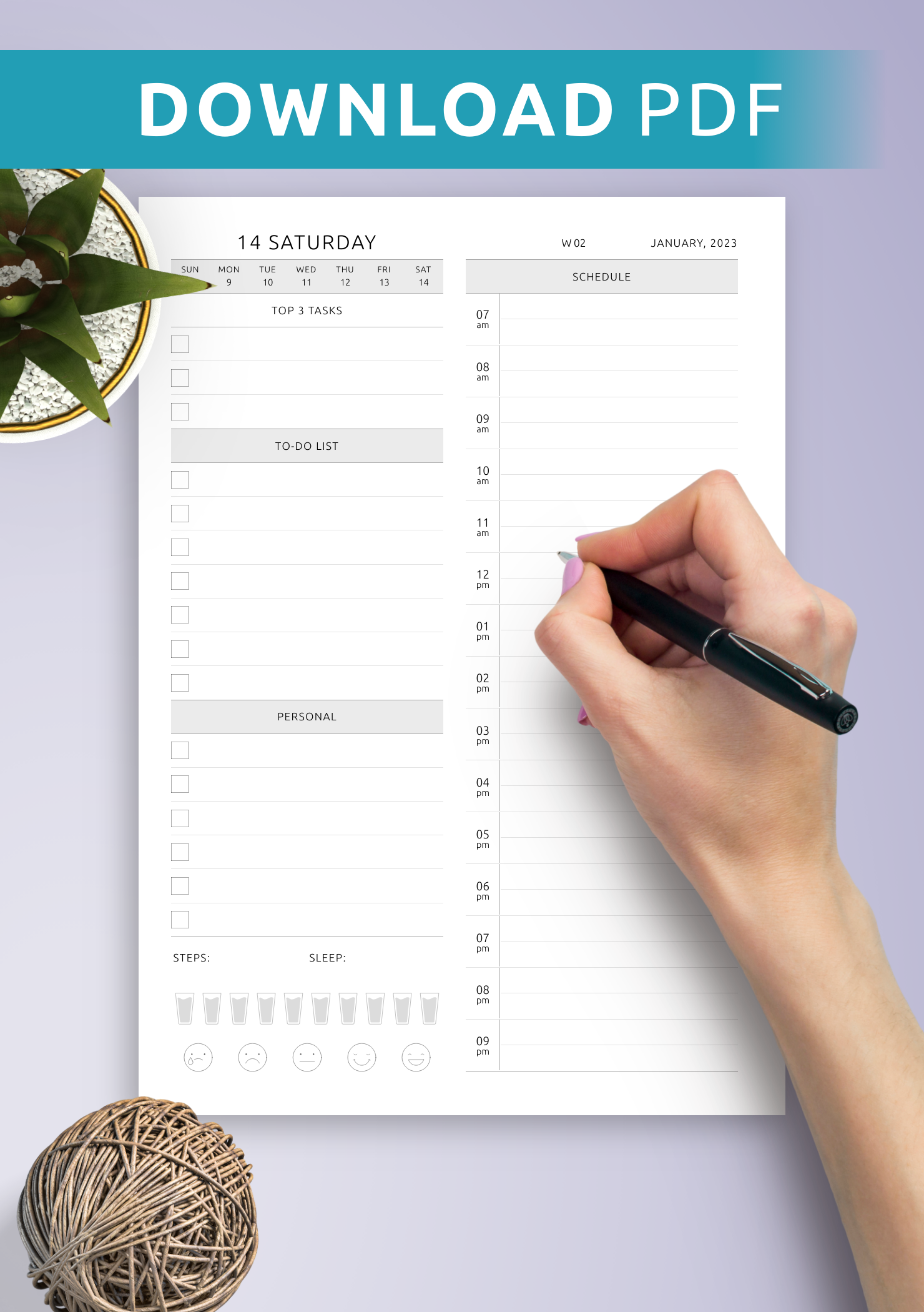 Download Printable Daily Planner Template With Mood And Water Tracker PDF