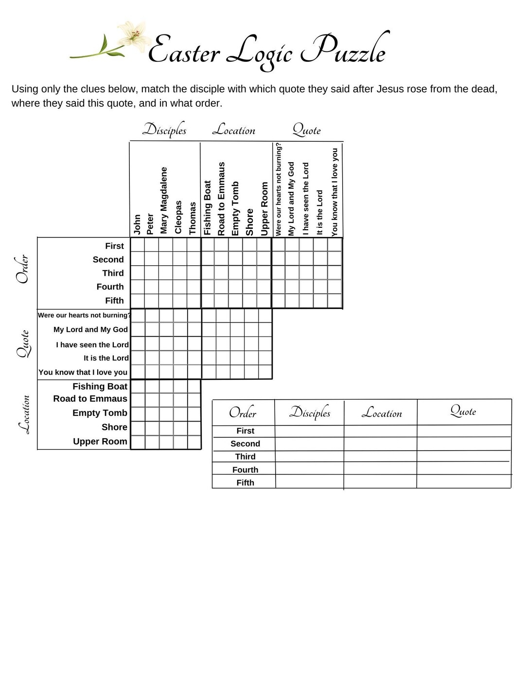 Easter Logic Puzzle Printable Logic Puzzle Games Christian Disciples Bible Instant Download Etsy